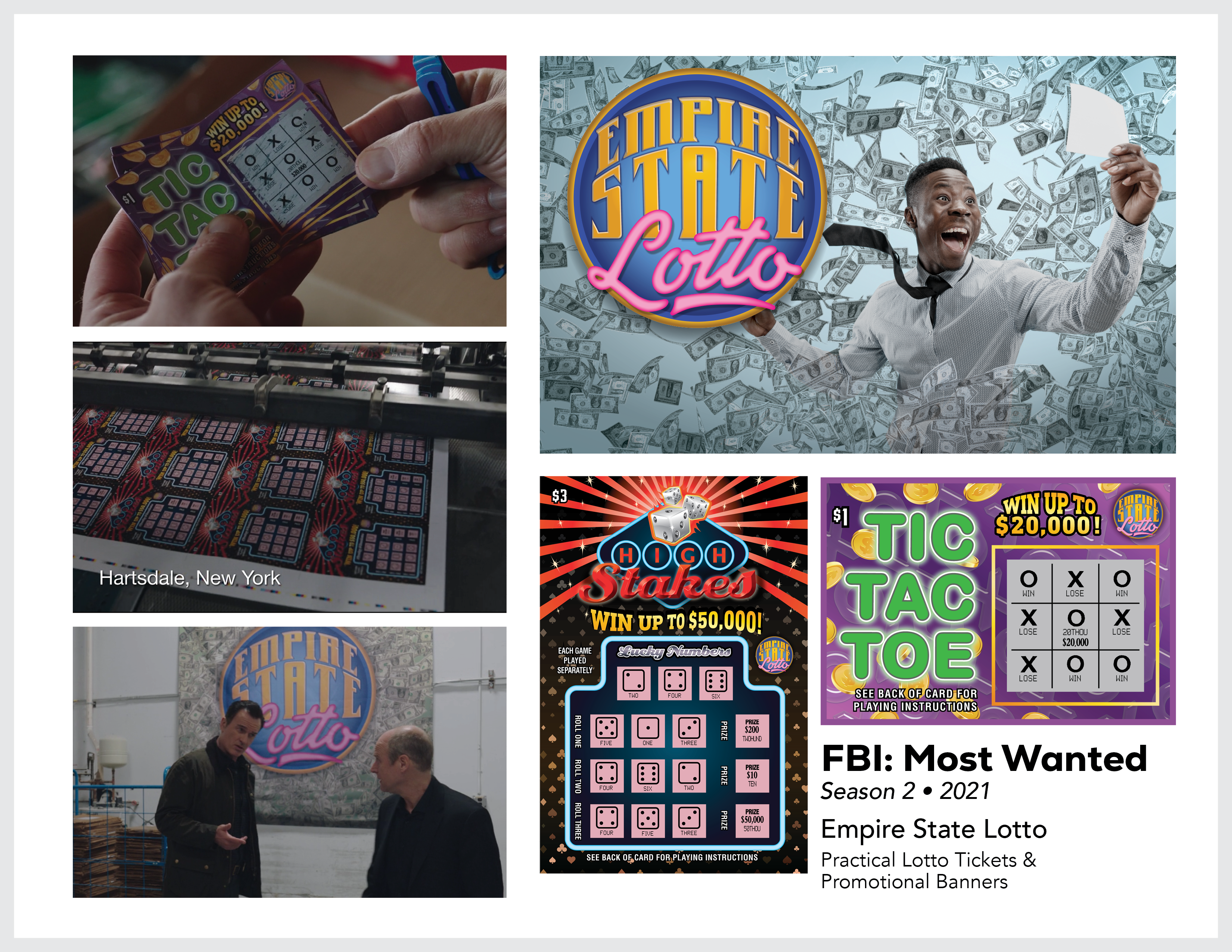 Page from the film and television design portfolio of Paul OConnor from the series FBI:Most Wanted showing prop scratch-off tickets and set dressing elements for Empire State Lotto