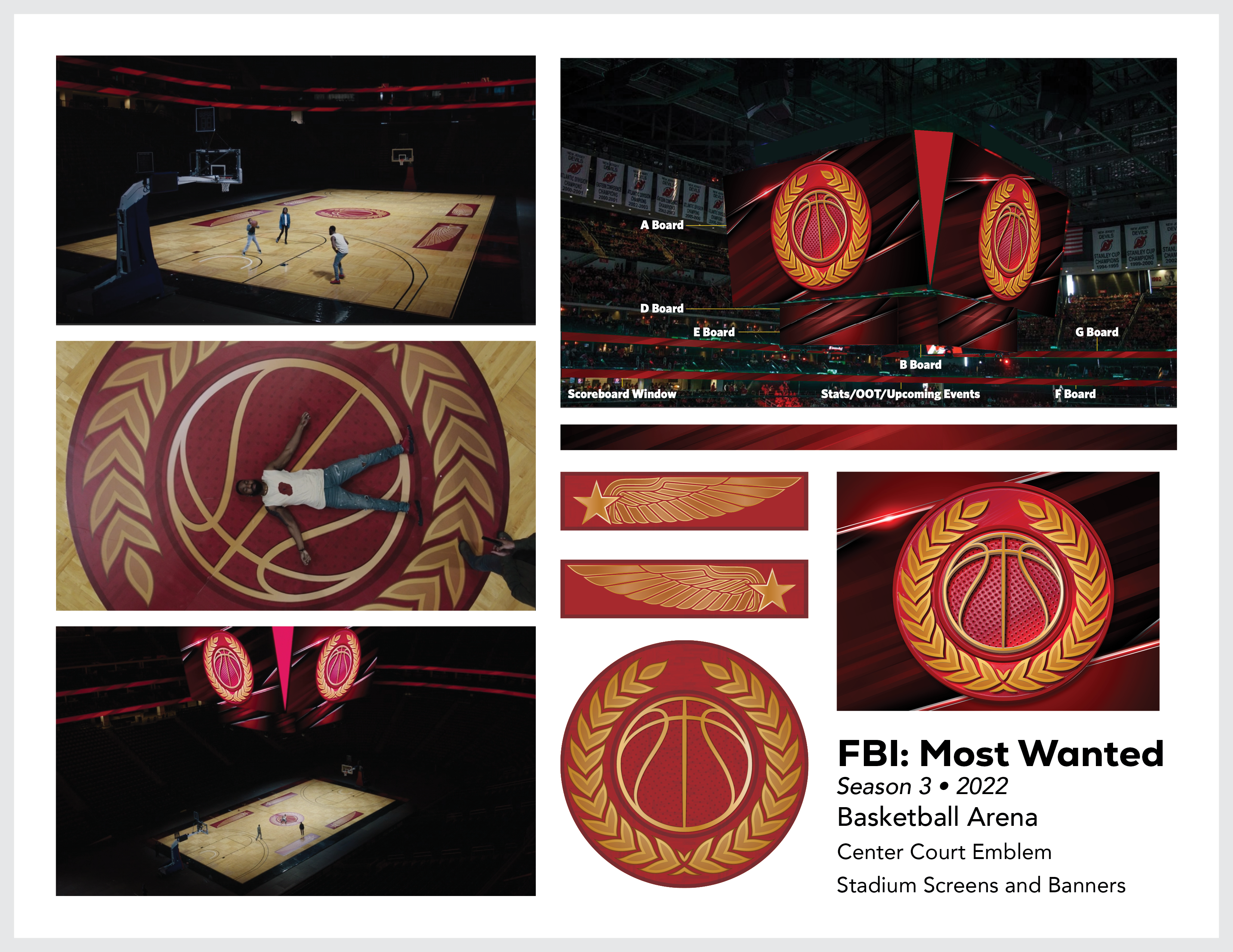 Page from the film and television design portfolio of Paul OConnor from Season 3 of the series FBI:Most Wanted showing basketball court floor team logo graphics and practical stadium screens
