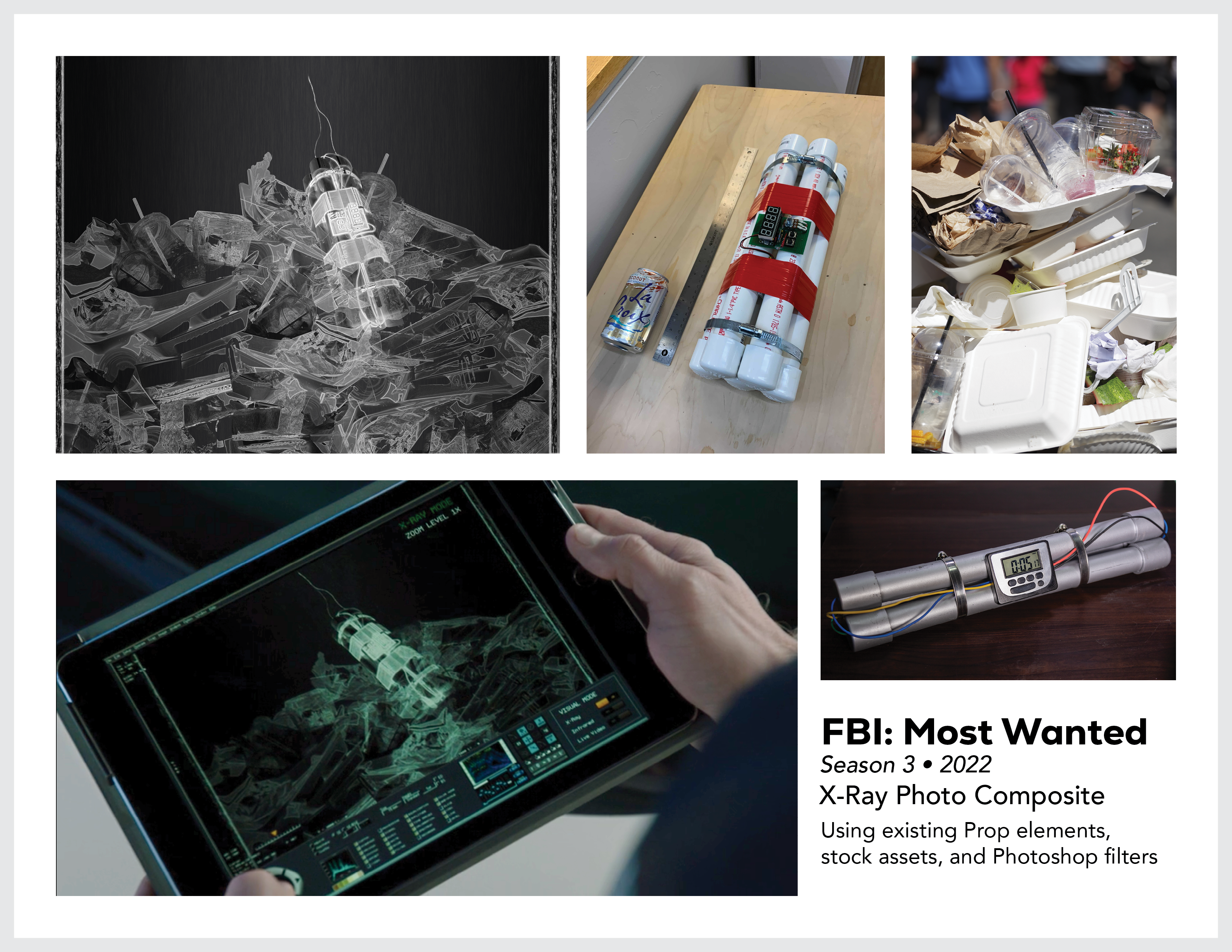 Page from the film and television design portfolio of Paul OConnor from Season 3 of the series FBI:Most Wanted showing a photo composite with visual effects of prop explosives with stock photography for a practical tablet display or an x-ray bomb scan