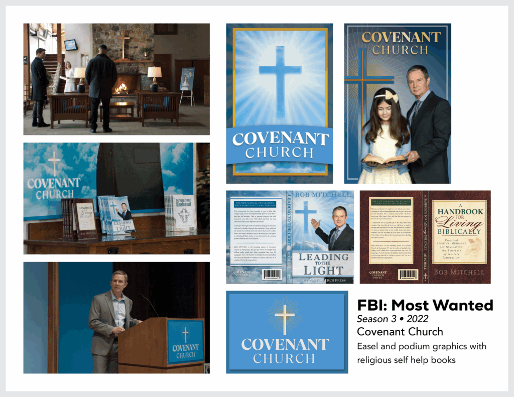 Page from the film and television design portfolio of Paul OConnor from Season 3 of the series FBI:Most Wanted showing set dressing graphics and book covers for Covenant Church