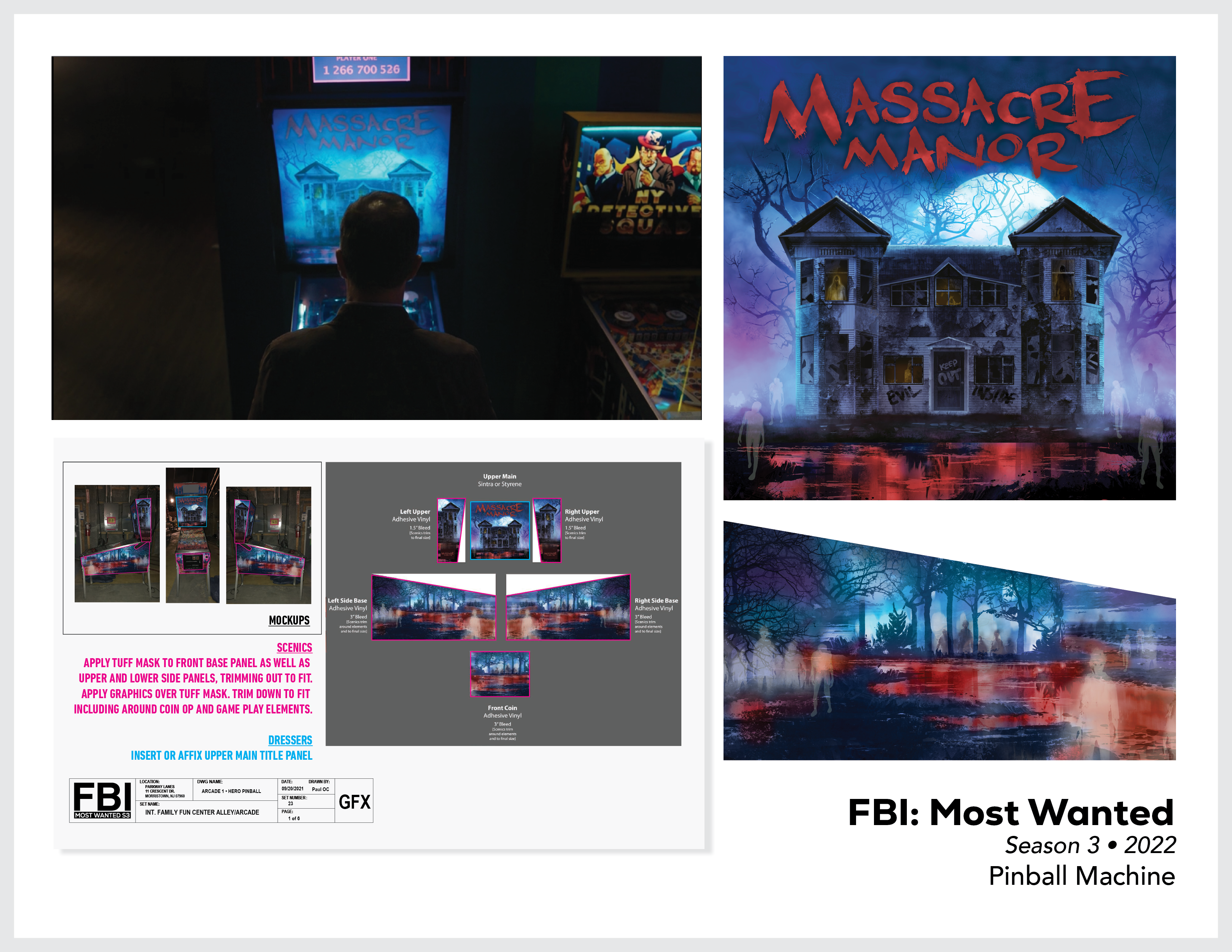 Page from the film and television design portfolio of Paul OConnor from Season 3 of the series FBI:Most Wanted showing pinball machine designs for a game called Massacre Manor