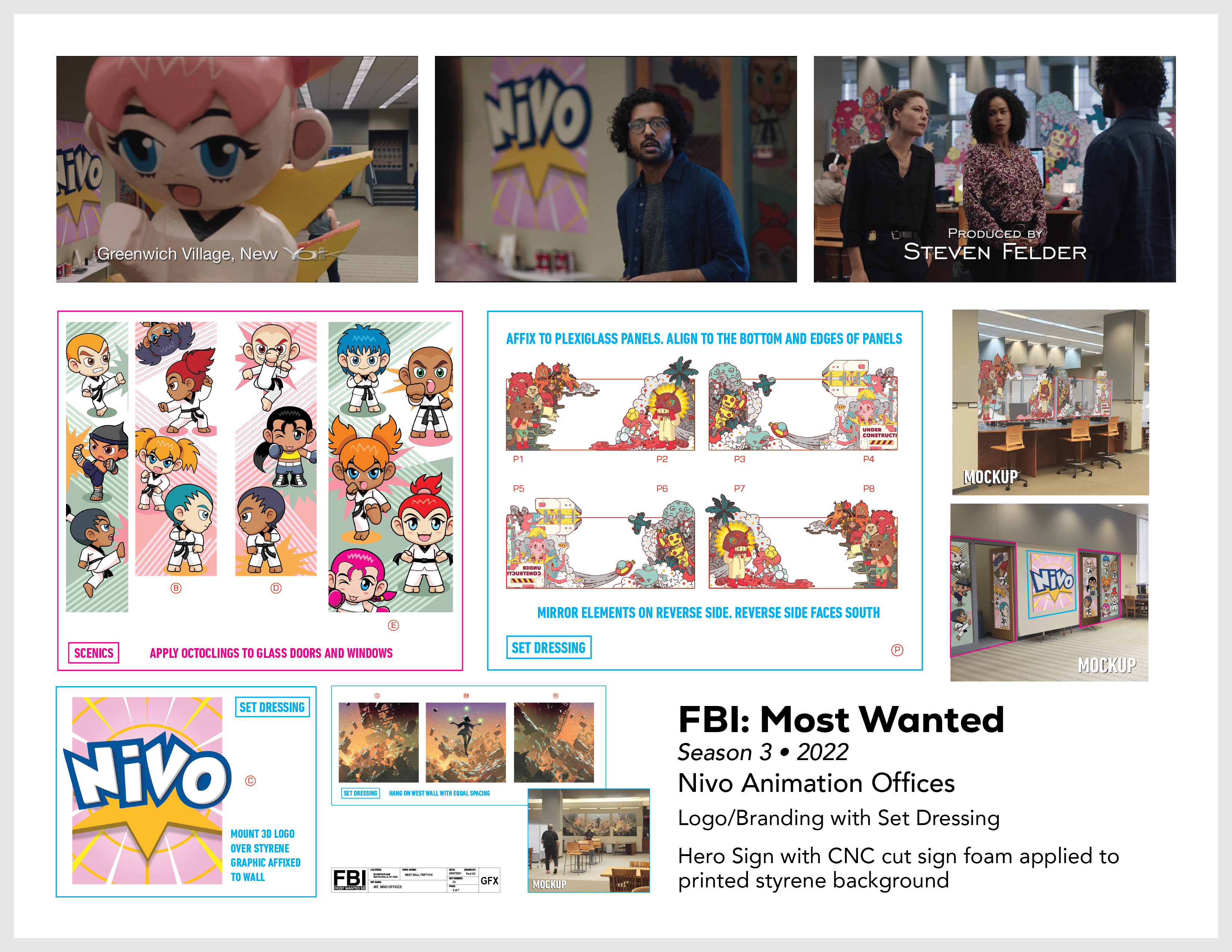 Page from the film and television design portfolio of Paul OConnor from Season 3 of the series FBI:Most Wanted showing logo and set dressing for Nivo Animation Studios