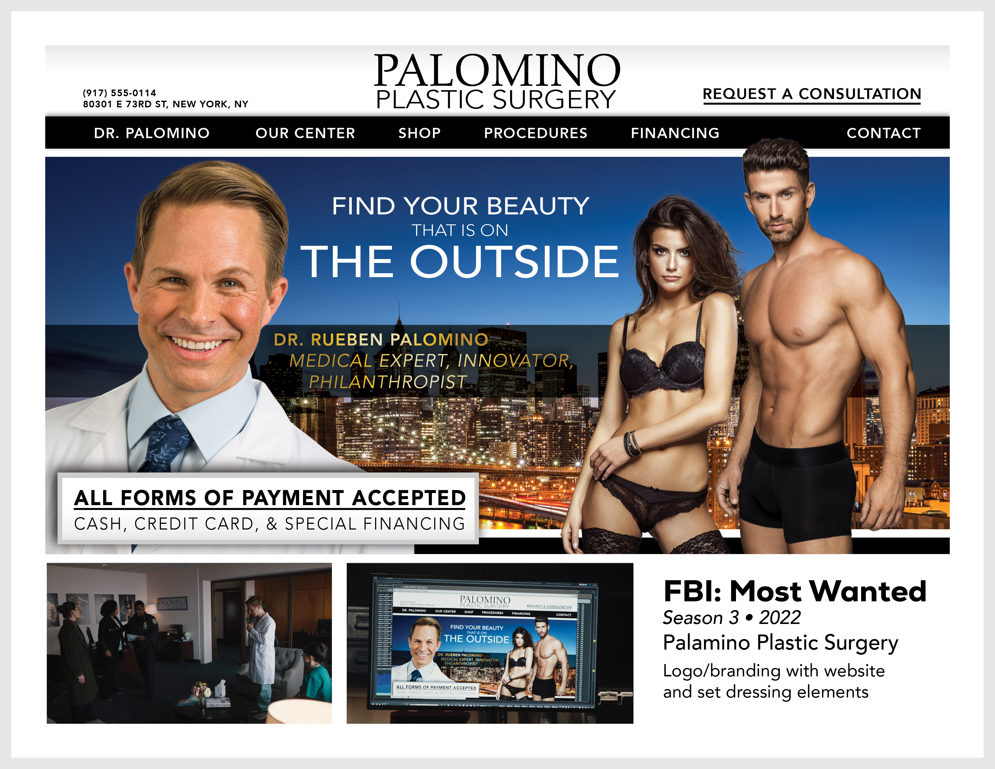 Page from the film and television design portfolio of Paul OConnor from Season 3 of the series FBI:Most Wanted showing website and set dressing for Palomino Plastic Surgery