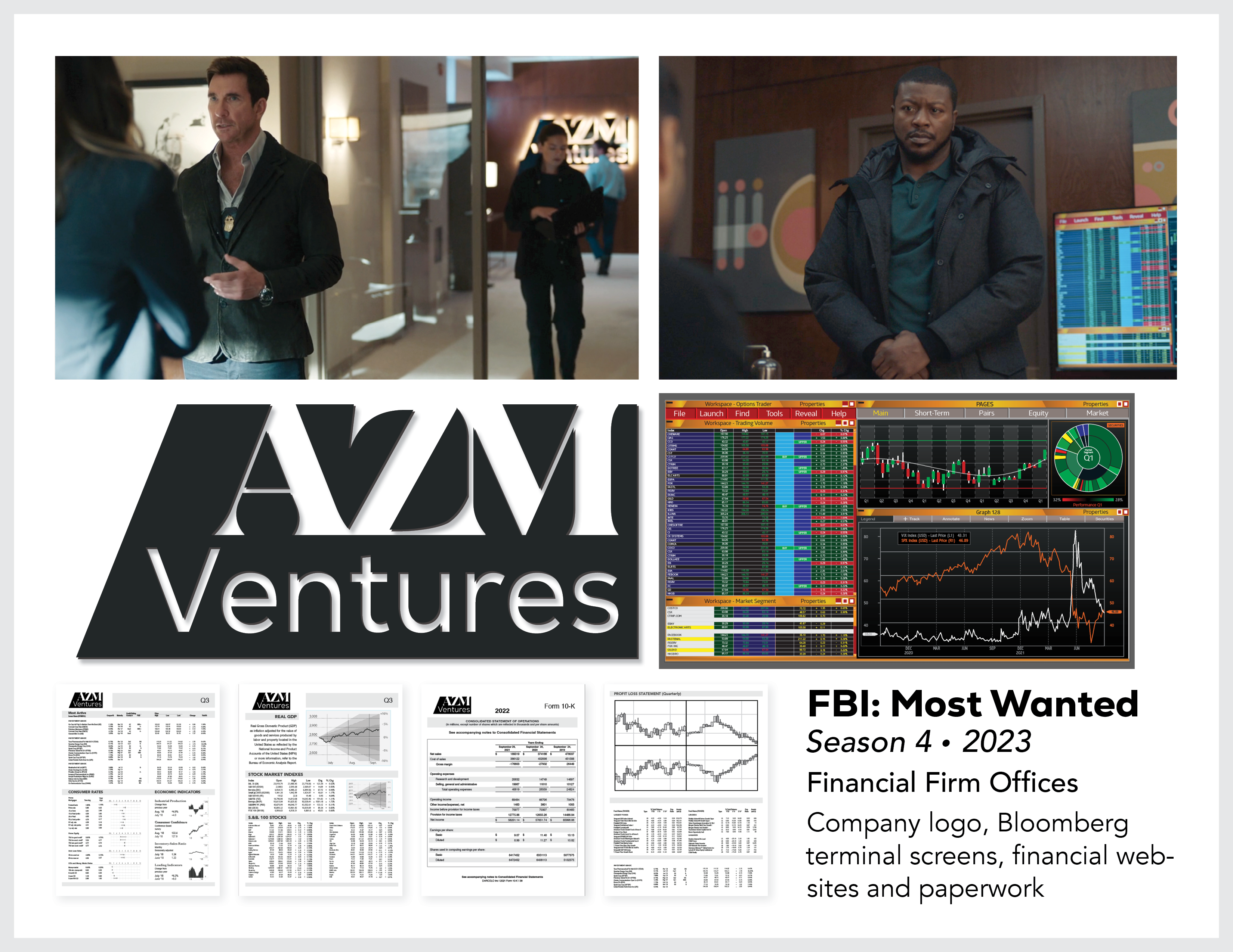 Page from the film and television design portfolio of Paul OConnor from Season 4 of the series FBI:Most Wanted showing logo and set dressing elements for the financial firm AZM Ventures