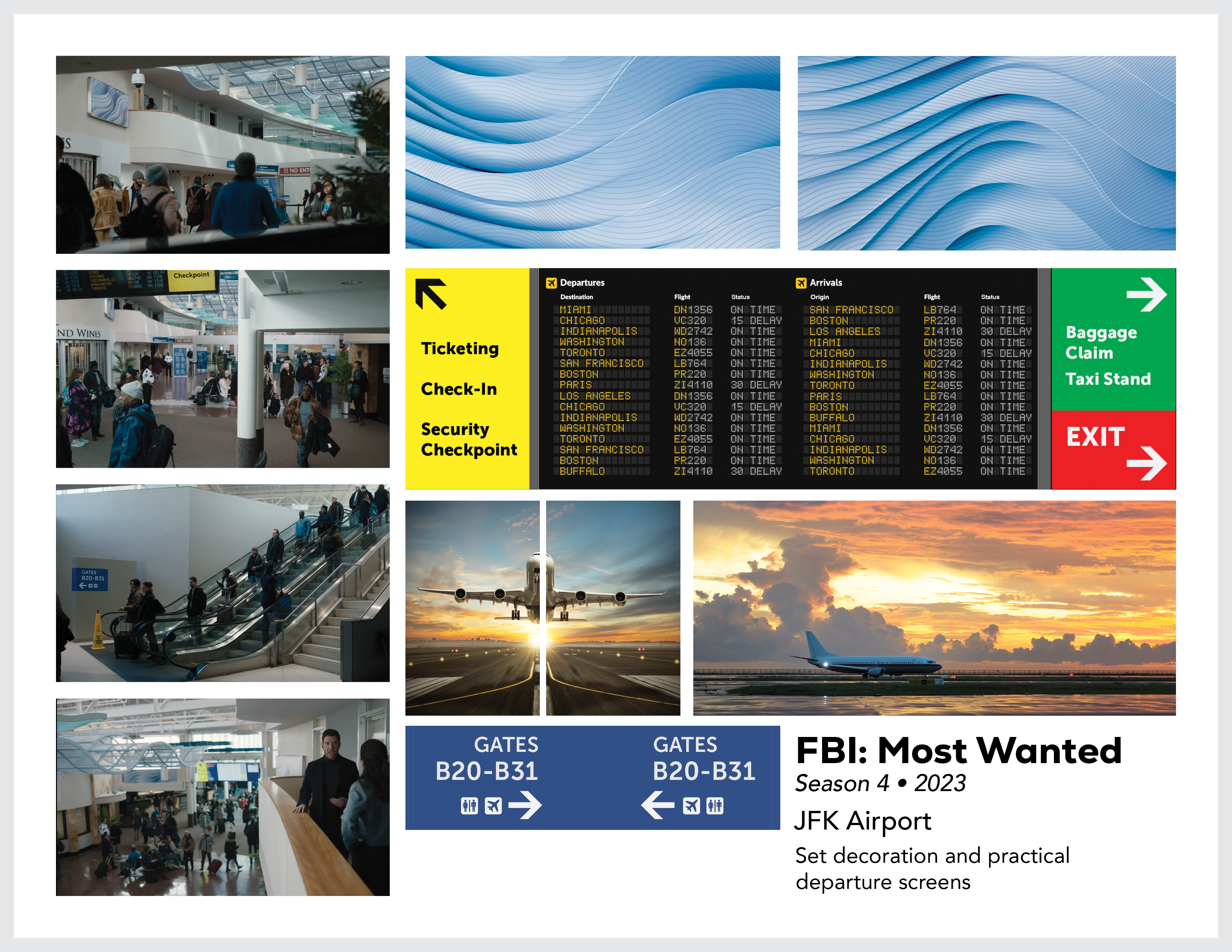 Page from the film and television design portfolio of Paul OConnor from Season 4 of the series FBI:Most Wanted showing set design and graphics for JFK Airport