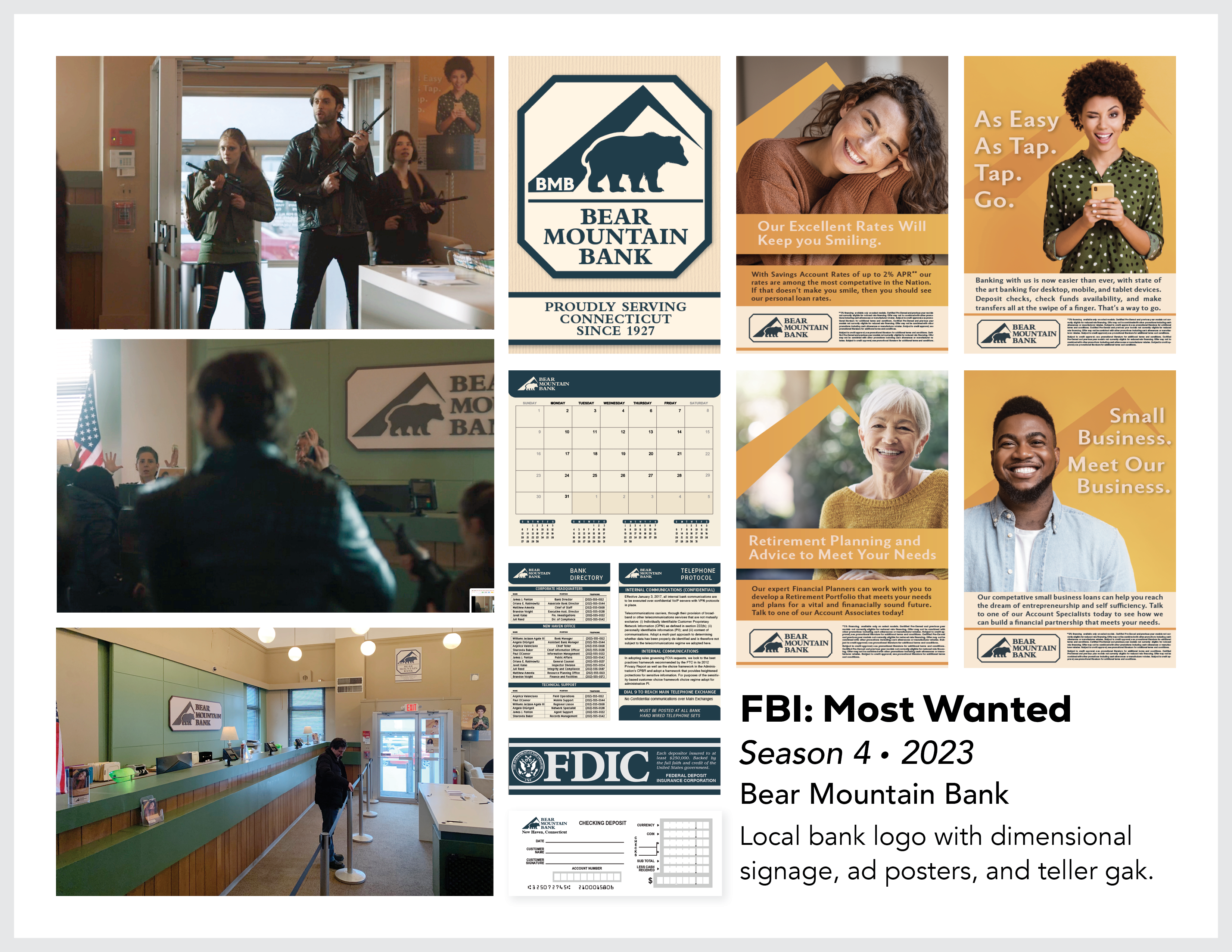 Page from the film and television design portfolio of Paul OConnor from Season 4 of the series FBI:Most Wanted showing logo and set dressing elements for Bear Mountain Bank