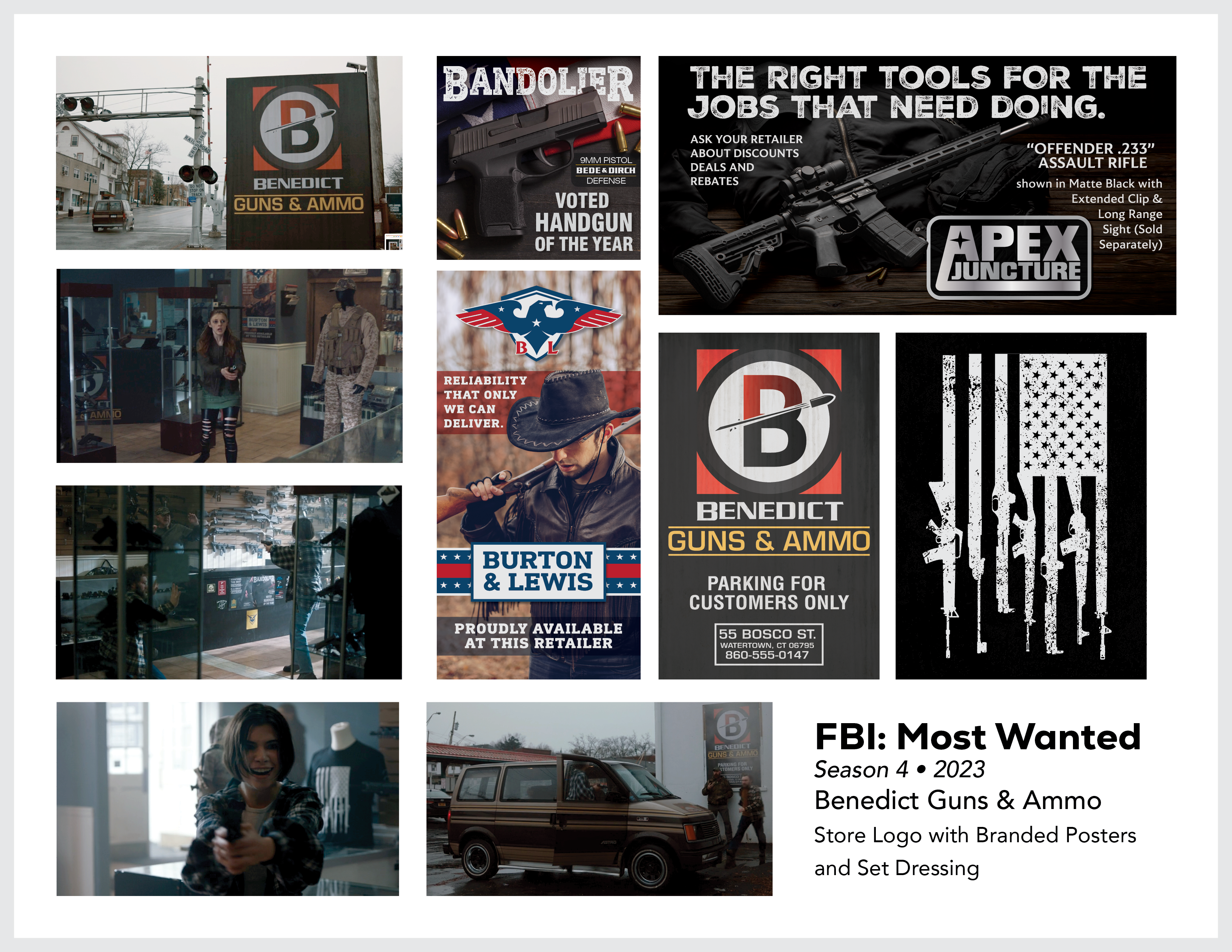Page from the film and television design portfolio of Paul OConnor from Season 4 of the series FBI:Most Wanted showing logo and set dressing elements for Benedict Guns and Ammo