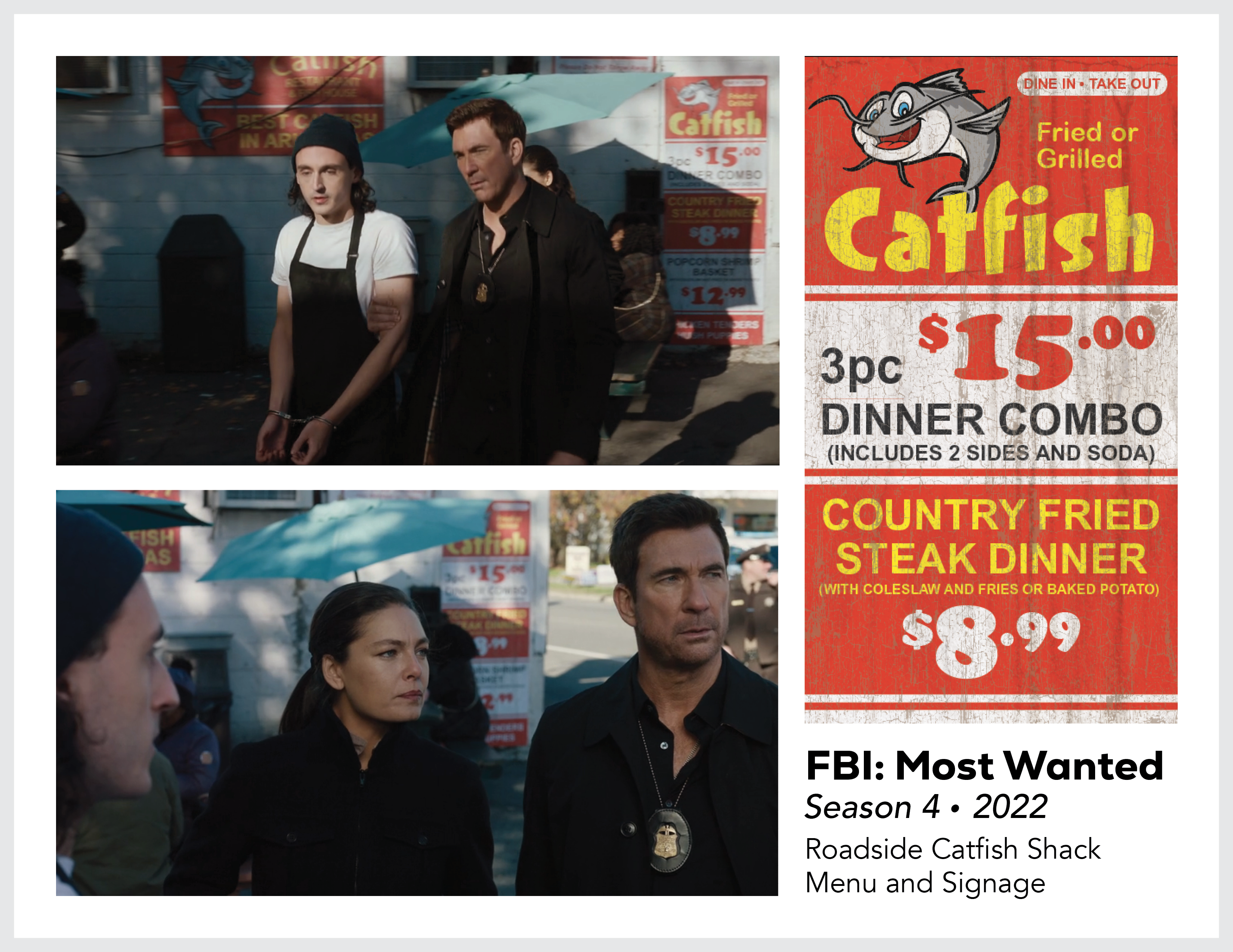 Page from the film and television design portfolio of Paul OConnor from Season 4 of the series FBI:Most Wanted showing logo and set dressing elements for a roadside catfish joint