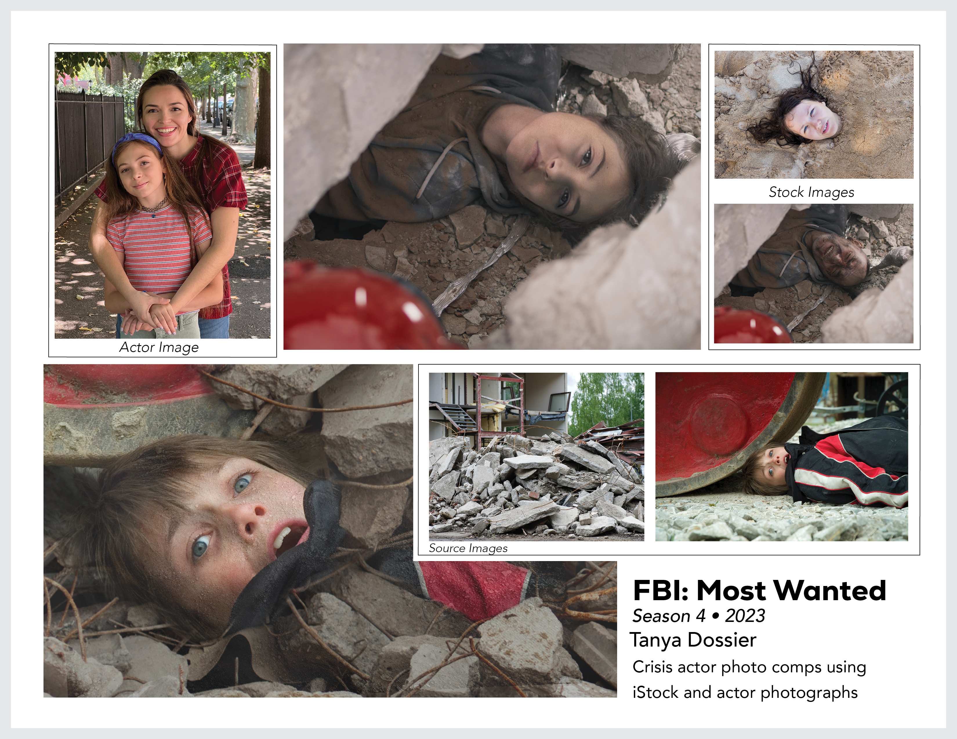 Page from the film and television design portfolio of Paul OConnor from Season 4 of the series FBI:Most Wanted showing photo compositions of actors being placed into stock photography of disaster zones