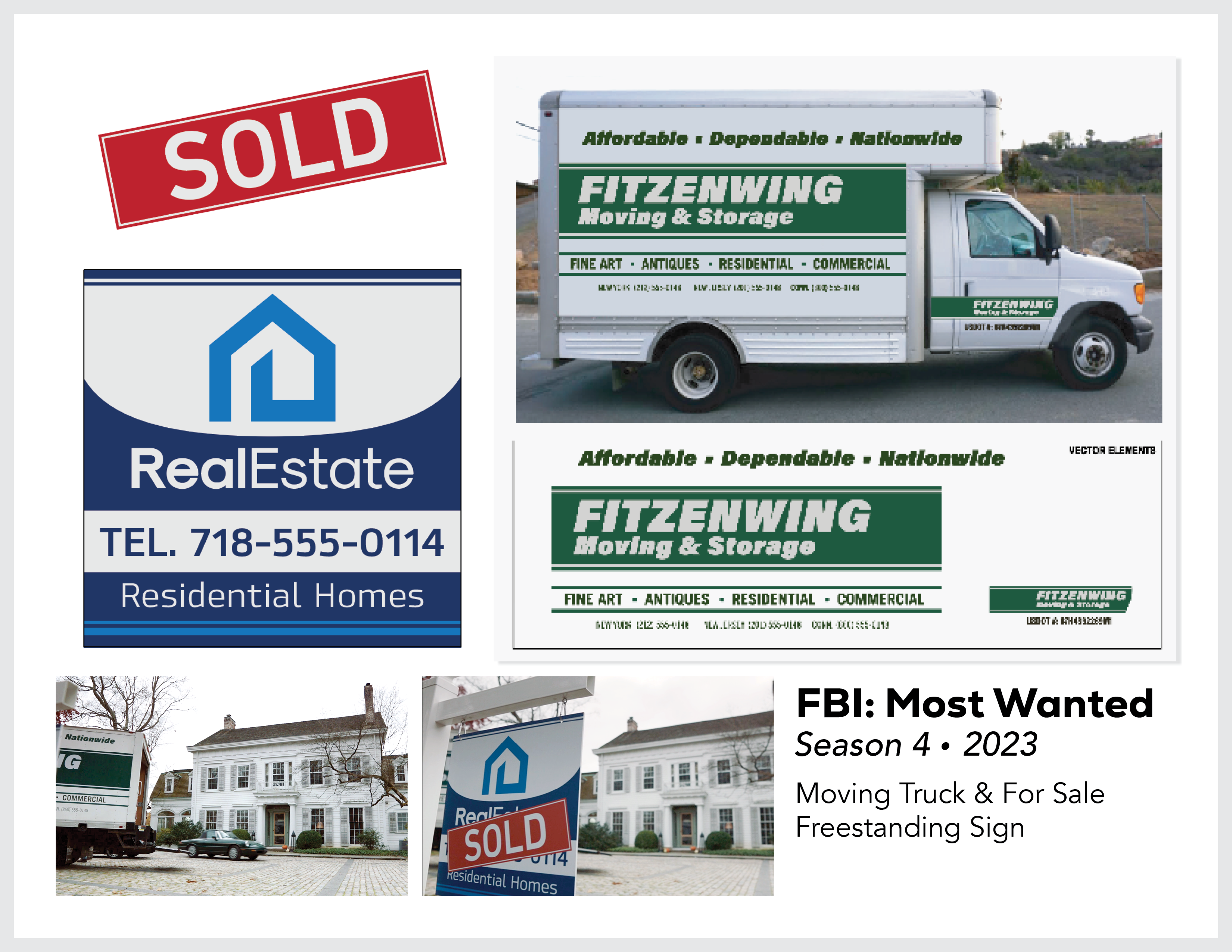 Page from the film and television design portfolio of Paul OConnor from Season 4 of the series FBI:Most Wanted showing moving truck graphics and real estate yard sign