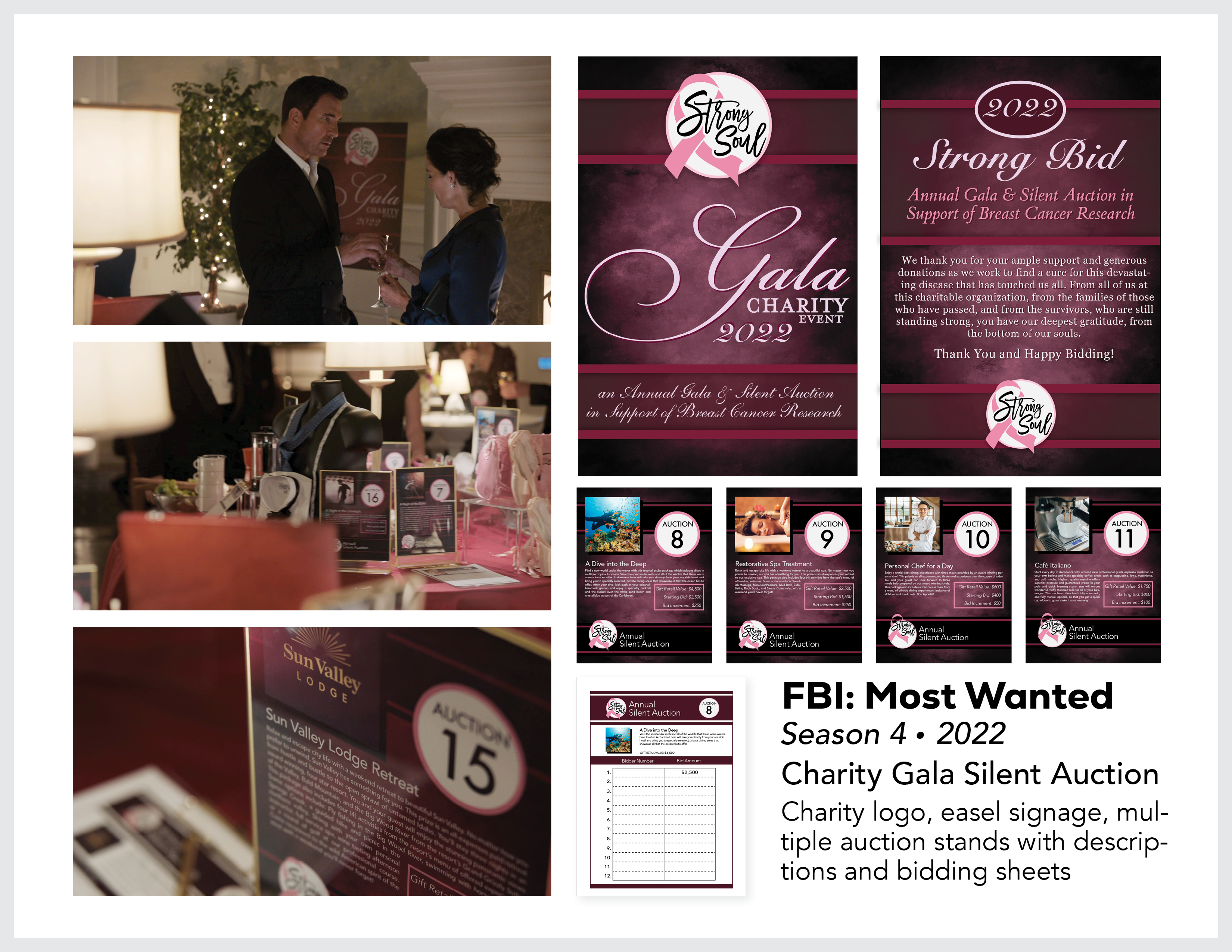Page from the film and television design portfolio of Paul OConnor from Season 4 of the series FBI:Most Wanted showing logo and set dressing elements for a silent auction charitable gala