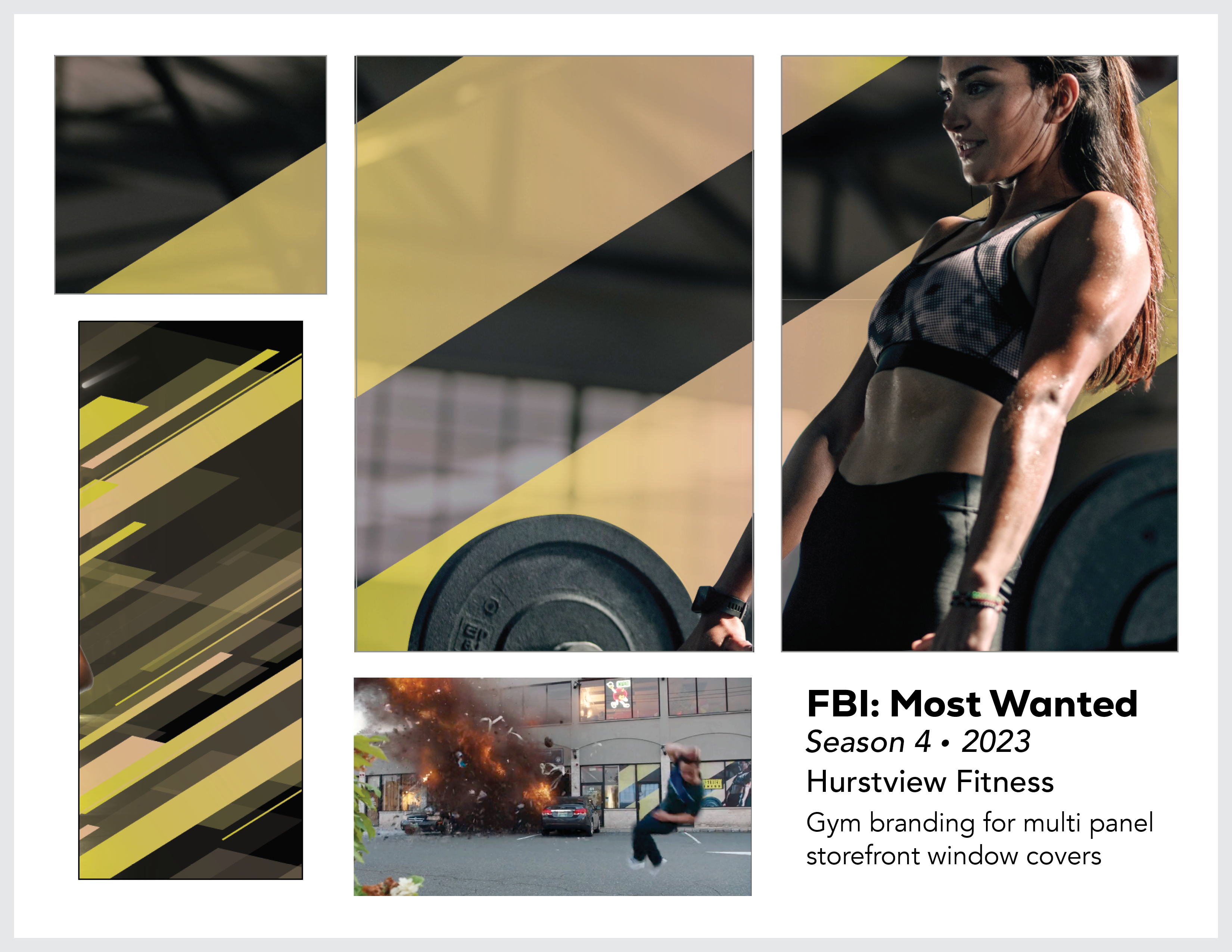 Page from the film and television design portfolio of Paul OConnor from Season 4 of the series FBI:Most Wanted showing storefront window graphics for a weightlifting and fitness gym