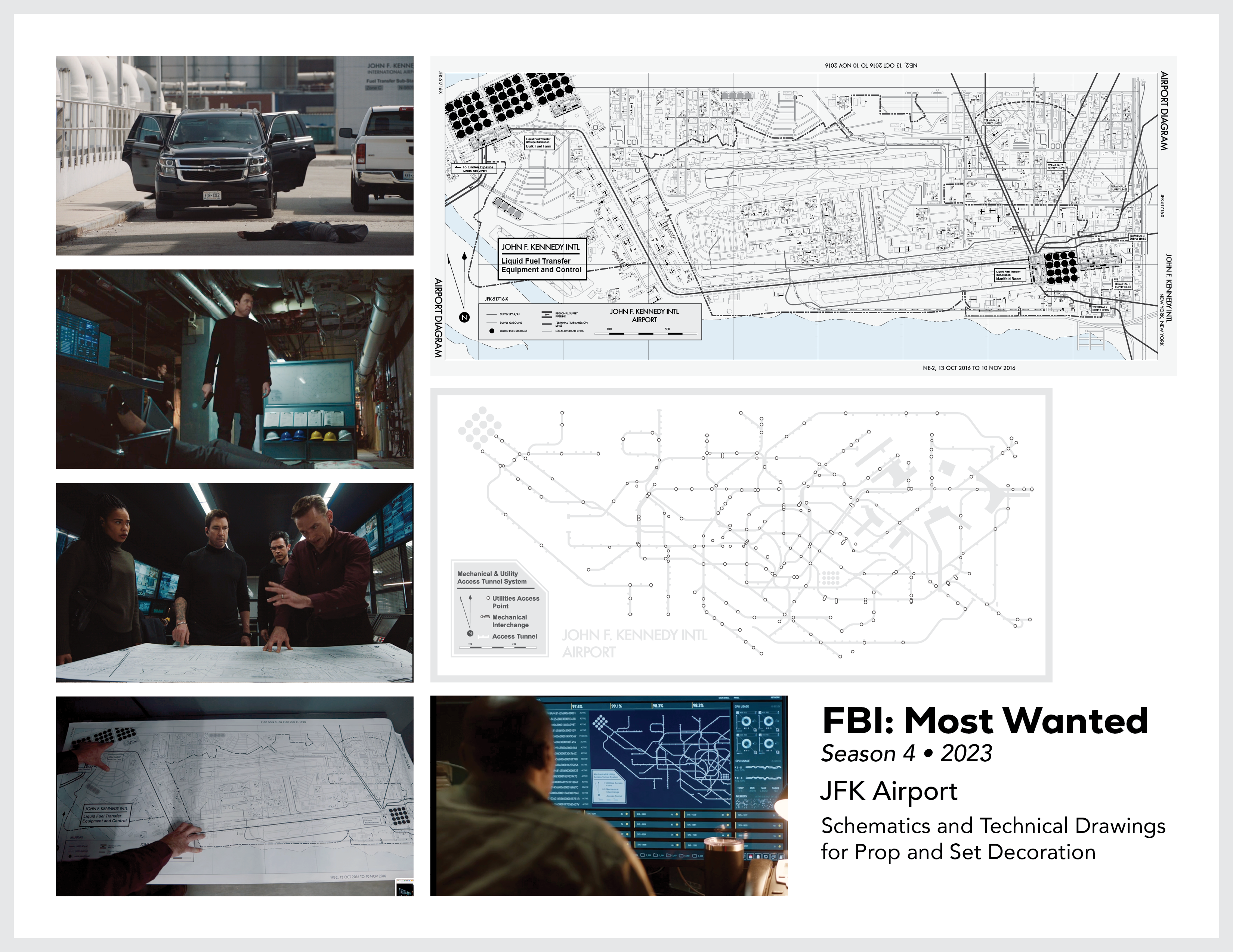 Page from the film and television design portfolio of Paul OConnor from Season 4 of the series FBI:Most Wanted showing schematic utilitiy drawings of JFK airport