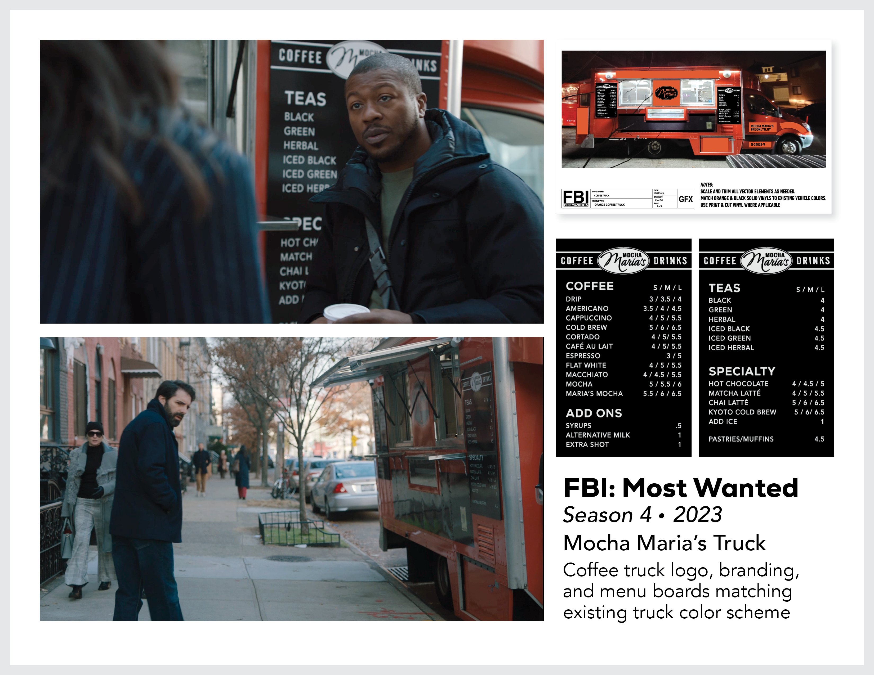 Page from the film and television design portfolio of Paul OConnor from Season 4 of the series FBI:Most Wanted showing logo and vehicle design elements for Mocha Maria's coffee truck in NYC