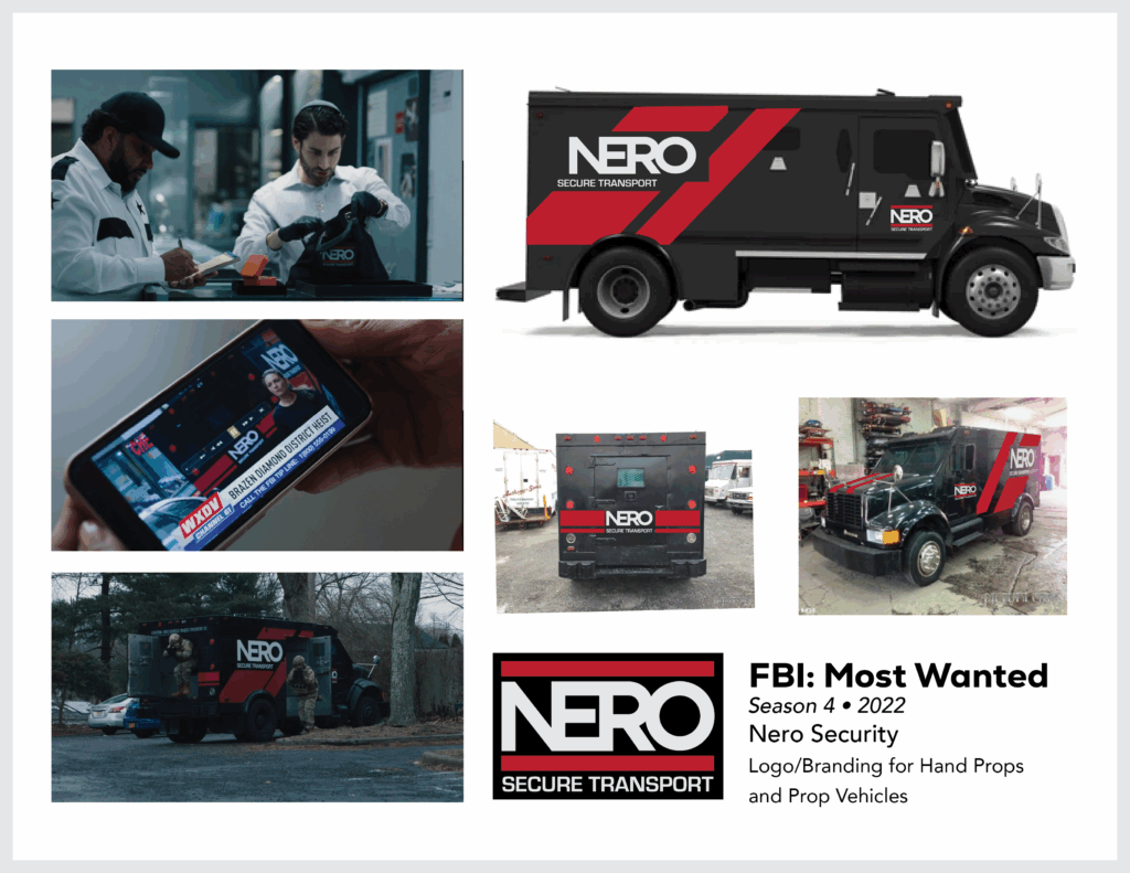 Page from the film and television design portfolio of Paul OConnor from Season 4 of the series FBI:Most Wanted showing logo and vehicle design for NERO Secure Transport
