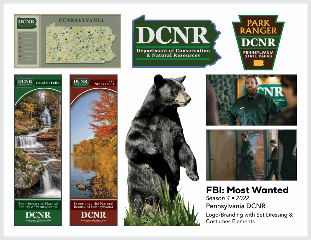 Page from the film and television design portfolio of Paul OConnor from Season 4 of the series FBI:Most Wanted showing logo and set dressing elements for the Pennsylvania Department of Conservation and Natural Recources (DCNR)