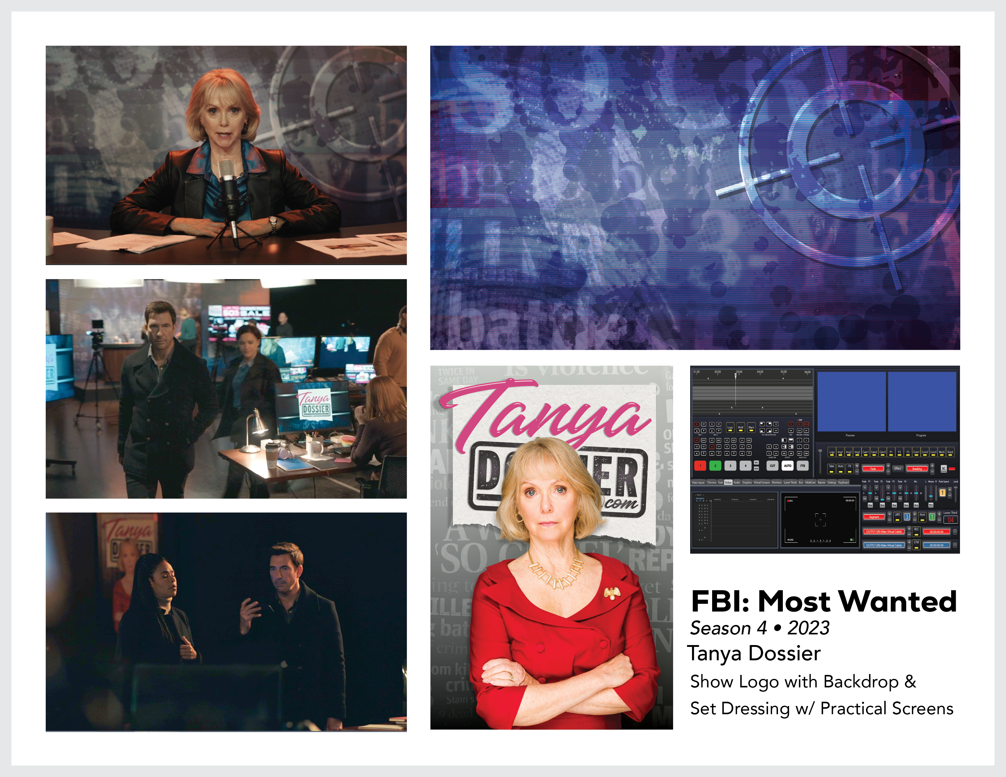 Page from the film and television design portfolio of Paul OConnor from Season 4 of the series FBI:Most Wanted showing backdrops and set elements for the fictional tv show Tanya Dossier