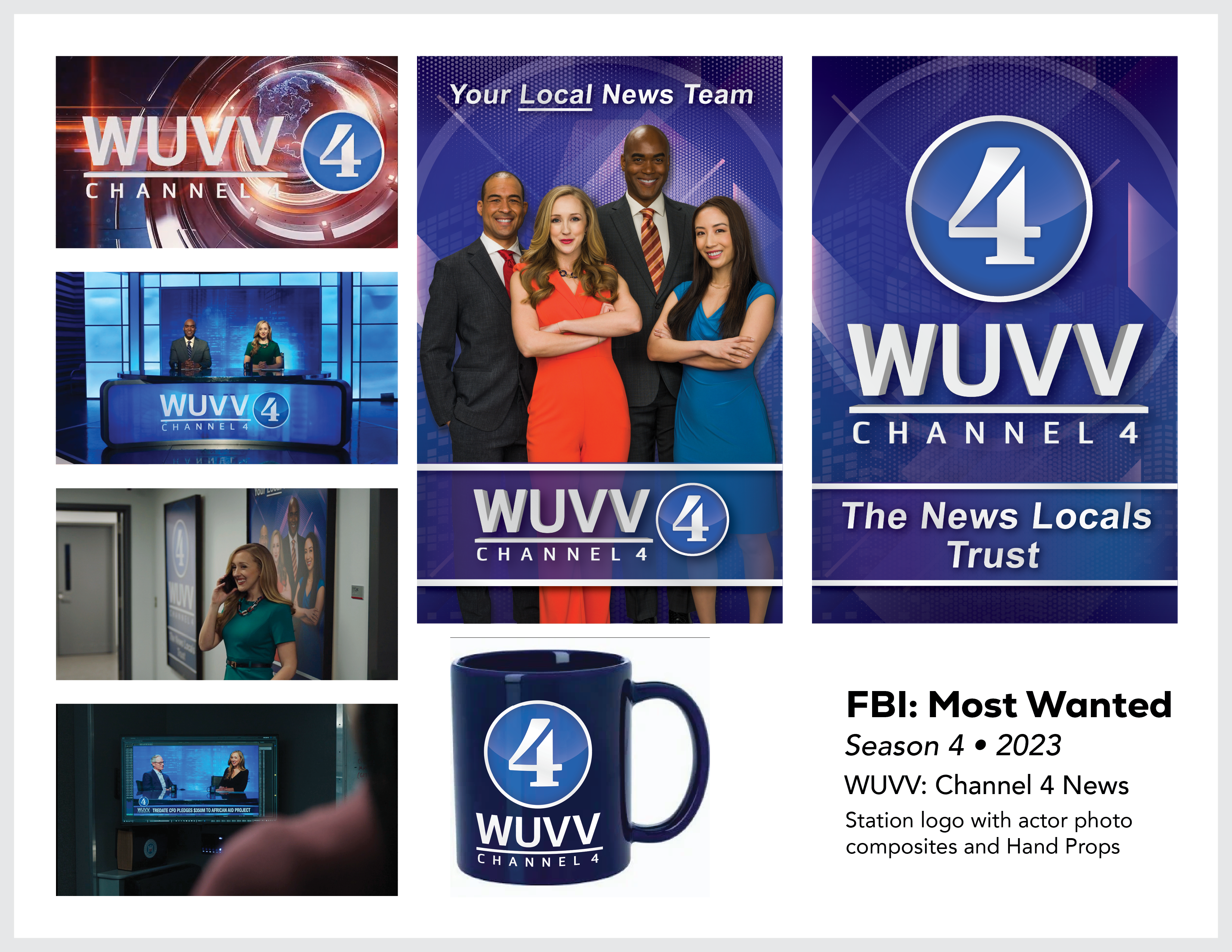 Page from the film and television design portfolio of Paul OConnor from Season 4 of the series FBI:Most Wanted showing logo and set dressing elements for WUVV Channel 4 News