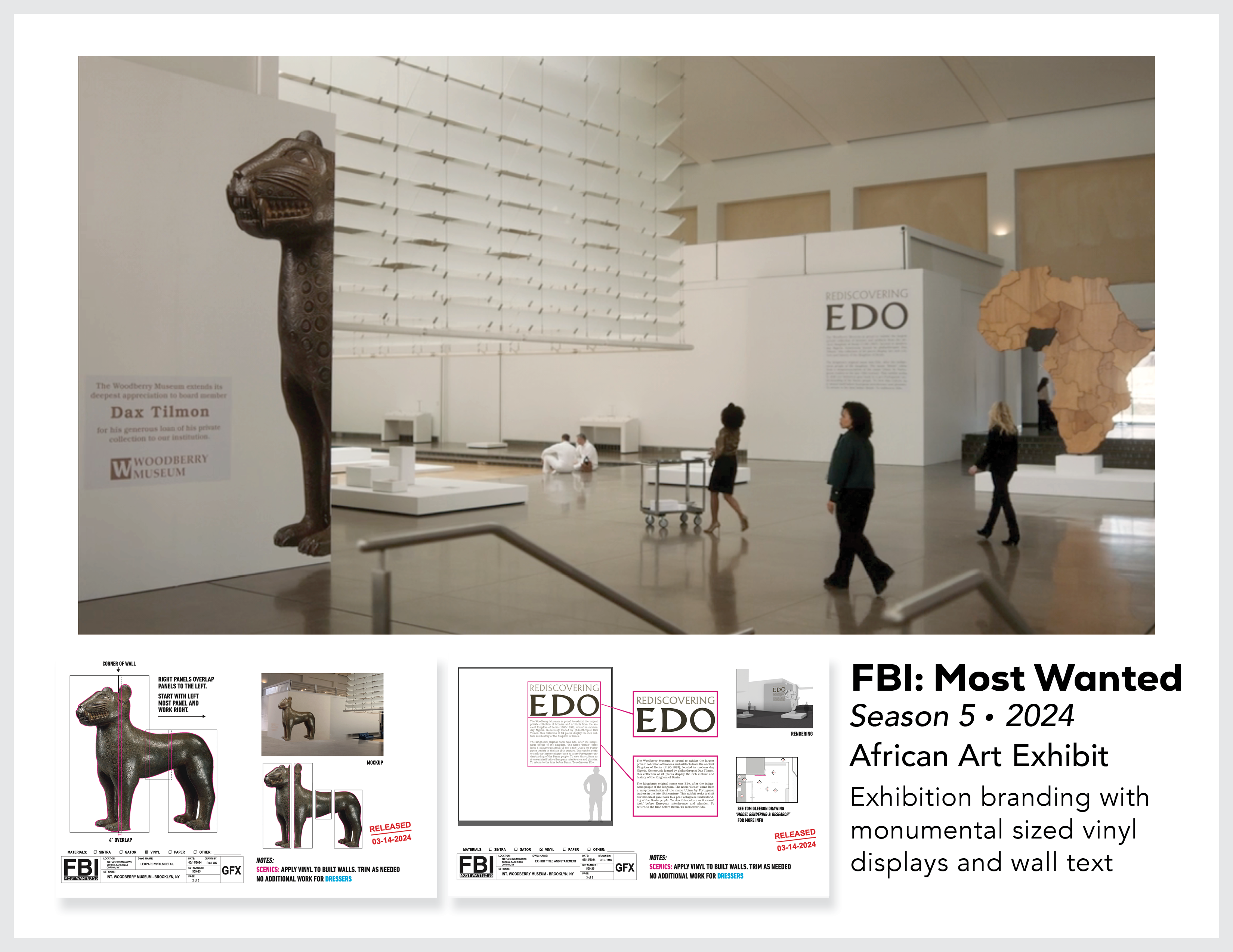 Page from the film and television design portfolio of Paul OConnor from Season 5 of the show FBI:Most Wanted showing set design and graphics for an African art exhibition