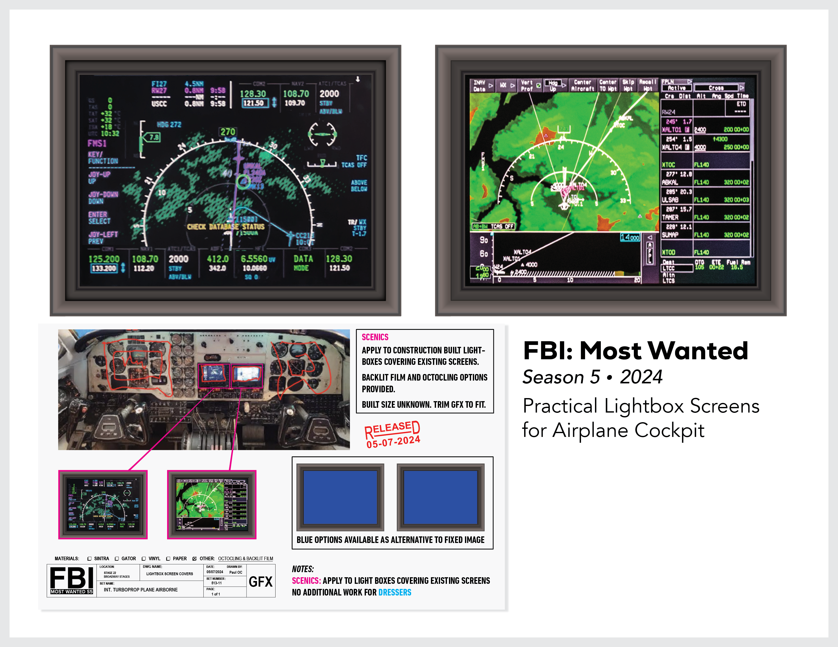 Page from the film and television design portfolio of Paul OConnor from Season 5 of the show FBI:Most Wanted showing navigation screens for an airplane cockpit