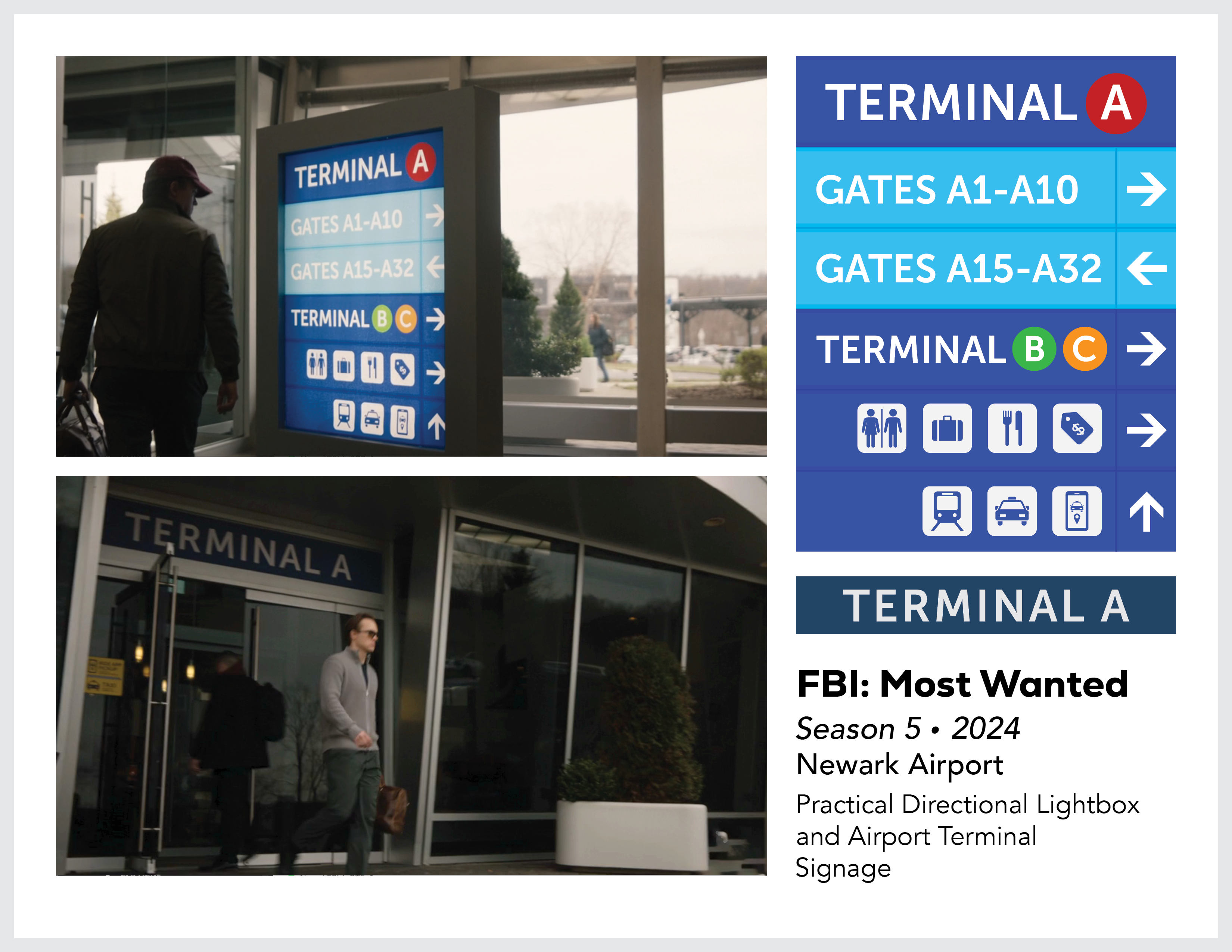 Page from the film and television design portfolio of Paul OConnor from Season 5 of the show FBI:Most Wanted showing a practically lit airport way-finder light box