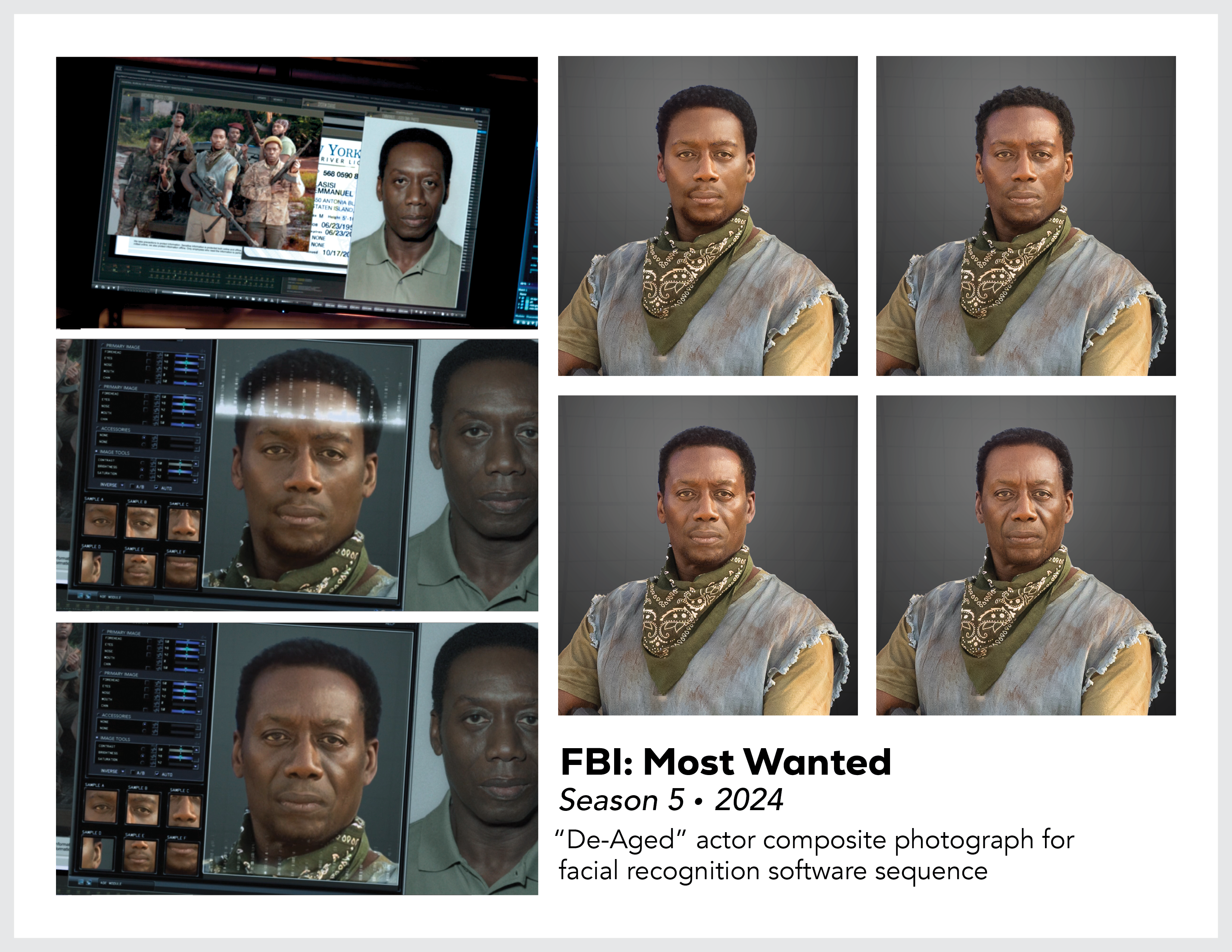 Page from the film and television design portfolio of Paul OConnor from Season 5 of the show FBI:Most Wanted showing photo composites blending two actors faces for a digital de-aging effect