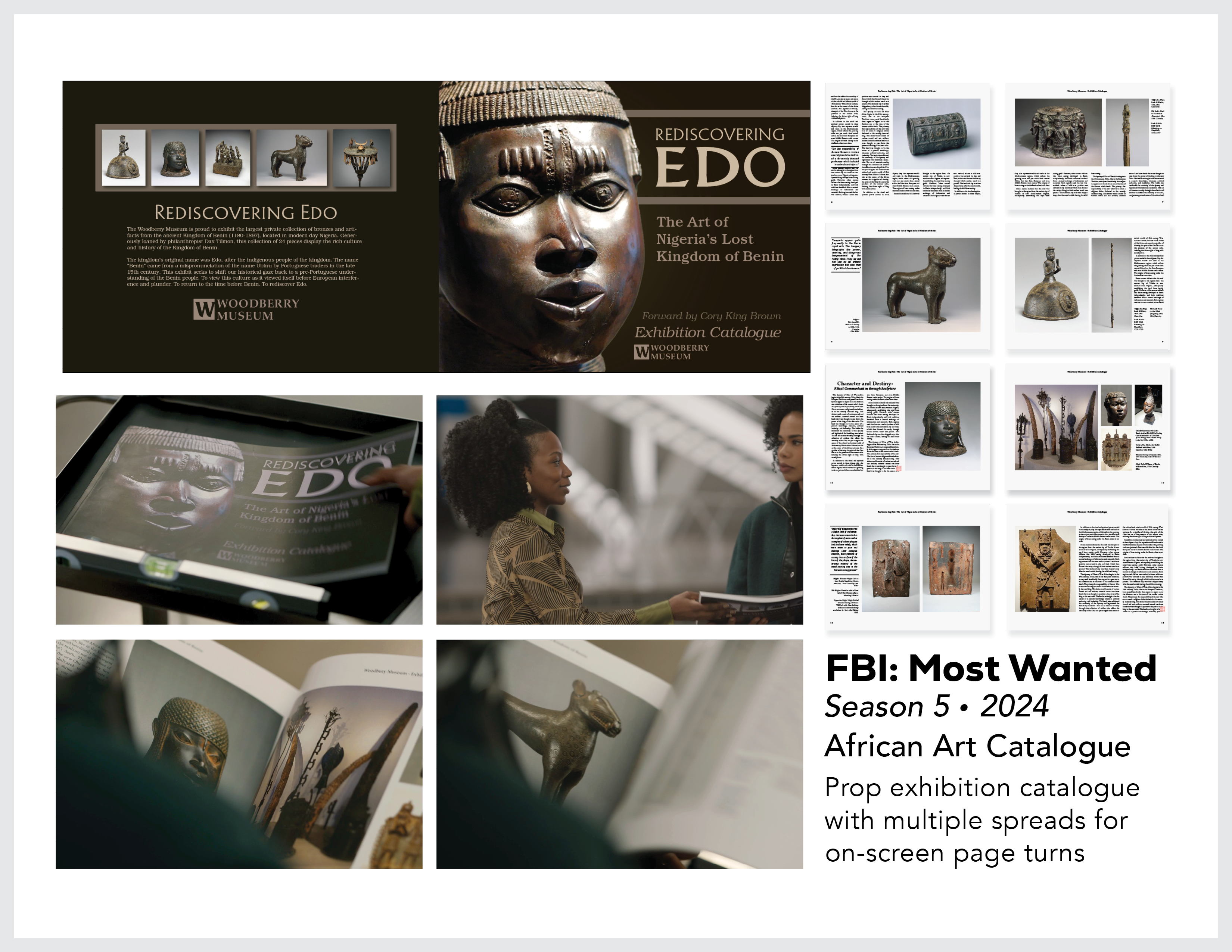 Page from the film and television design portfolio of Paul OConnor from Season 5 of the show FBI:Most Wanted showing a practical exhibition catalogue for an African art exhibition