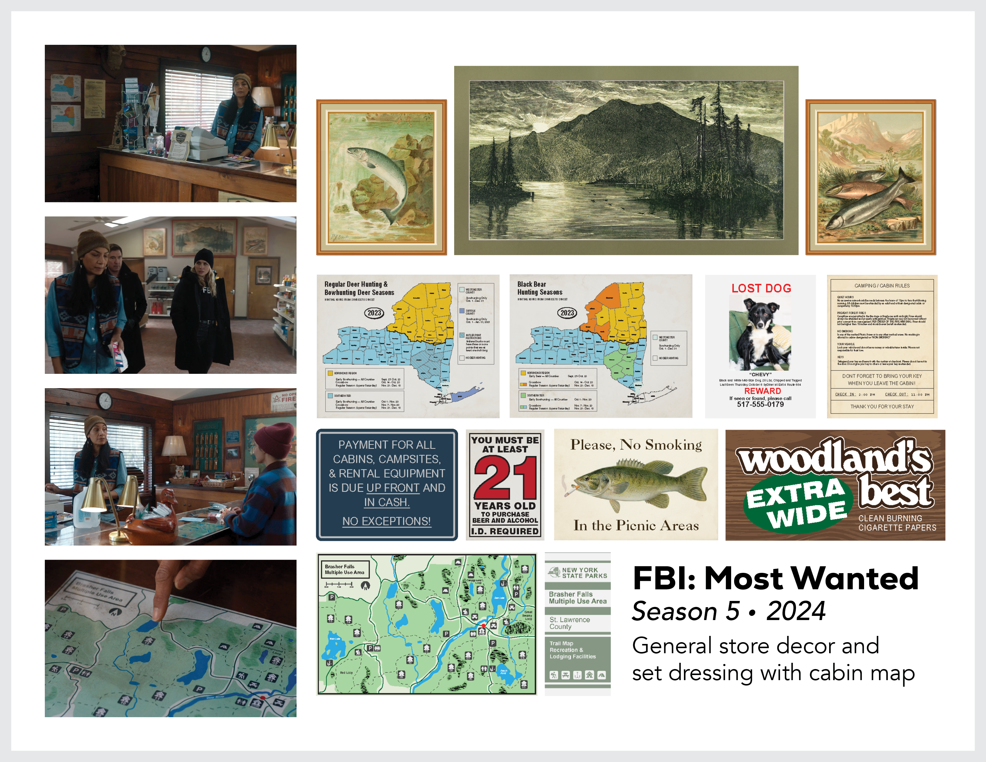 Page from the film and television design portfolio of Paul OConnor from Season 5 of the show FBI:Most Wanted showing dressing and set elements for a general store and campground in upstate New York