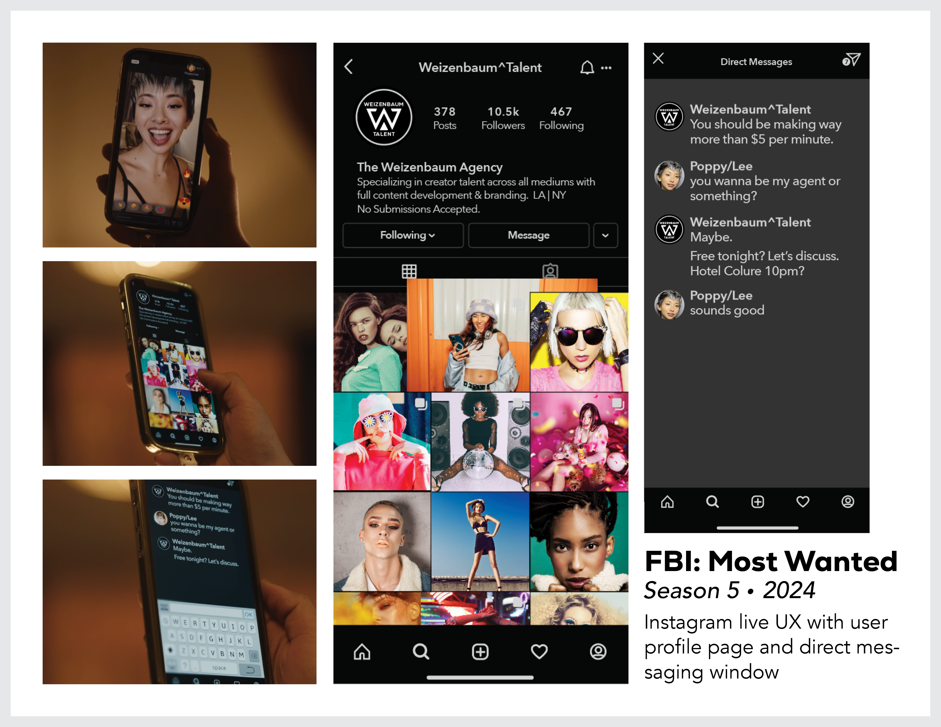 Page from the film and television design portfolio of Paul OConnor from Season 5 of the show FBI:Most Wanted showing the design of an instagram type phone application with photo feed, live reactions, and direct messaging windows