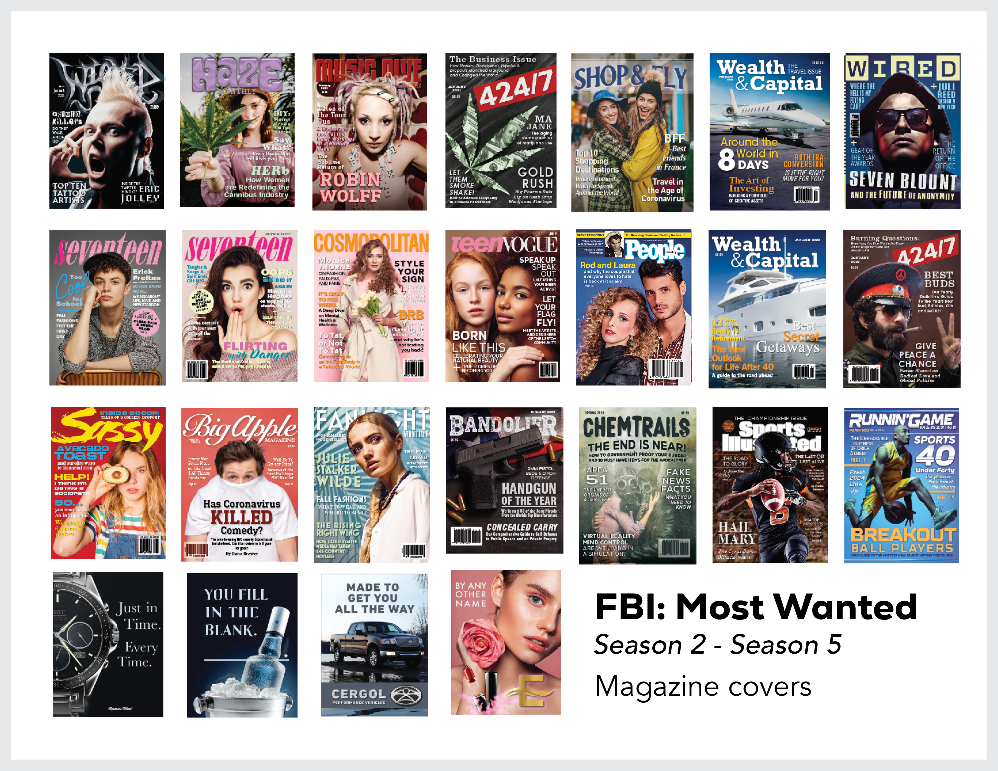 Page from the film and television design portfolio of Paul OConnor from Season 5 of the show FBI:Most Wanted showing various magazine covers