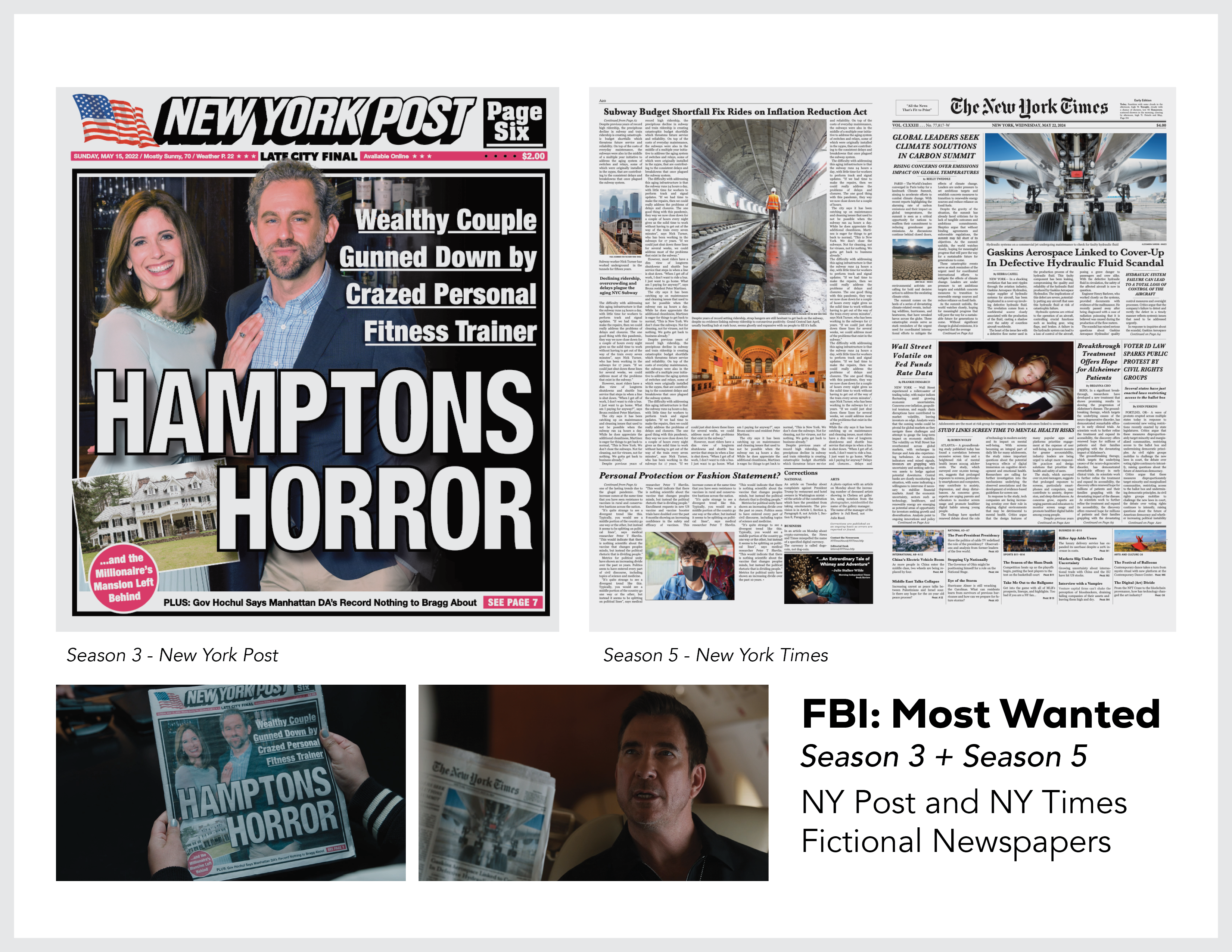 Page from the film and television design portfolio of Paul OConnor from Season 5 of the program FBI:Most Wanted showing fictional NY Times and New York Post broadsheets