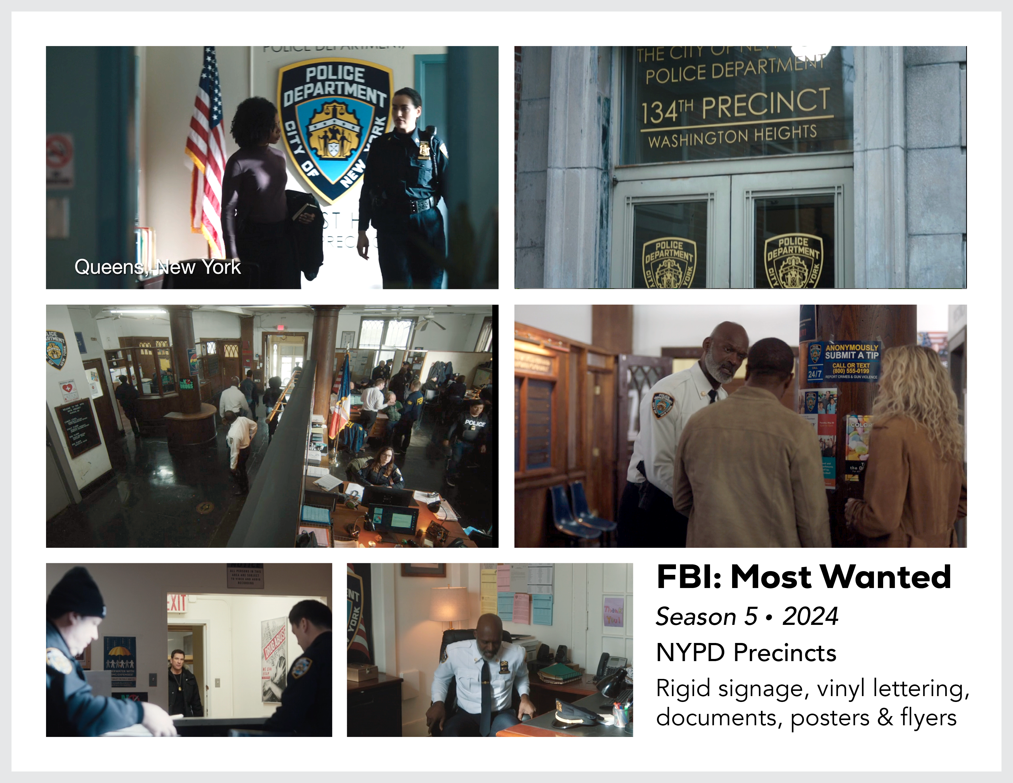 Page from the film and television design portfolio of Paul OConnor from Season 5 of the program FBI:Most Wanted showing various NYPD police precincts
