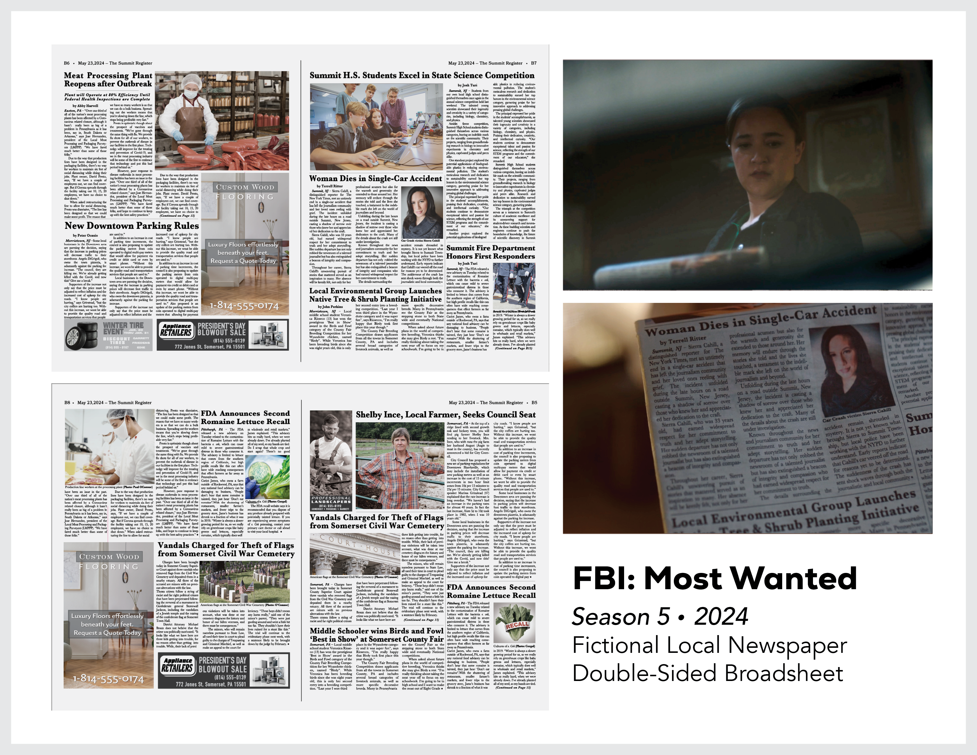Page from the film and television design portfolio of Paul OConnor from Season 5 of the program FBI:Most Wanted showing a broadsheet with articles and photos from a fictional rural newspaper