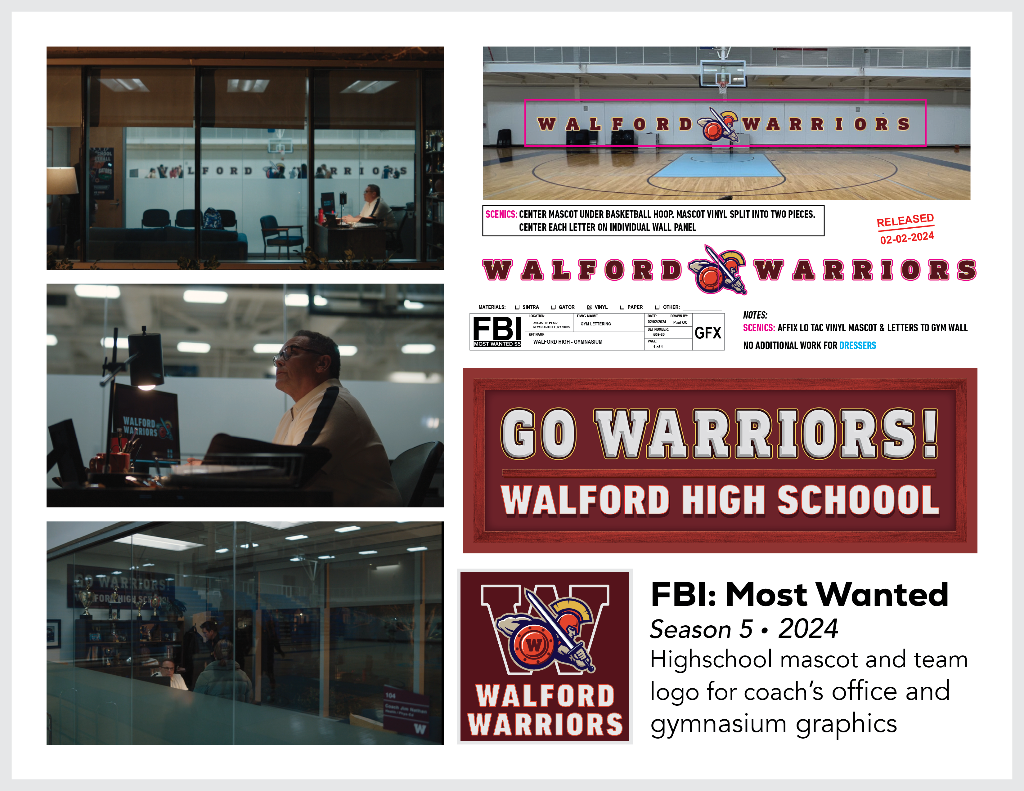 Page from the film and television design portfolio of Paul OConnor from Season 5 of the program FBI:Most Wanted showing a gymnasium and coach's office for Walford High School