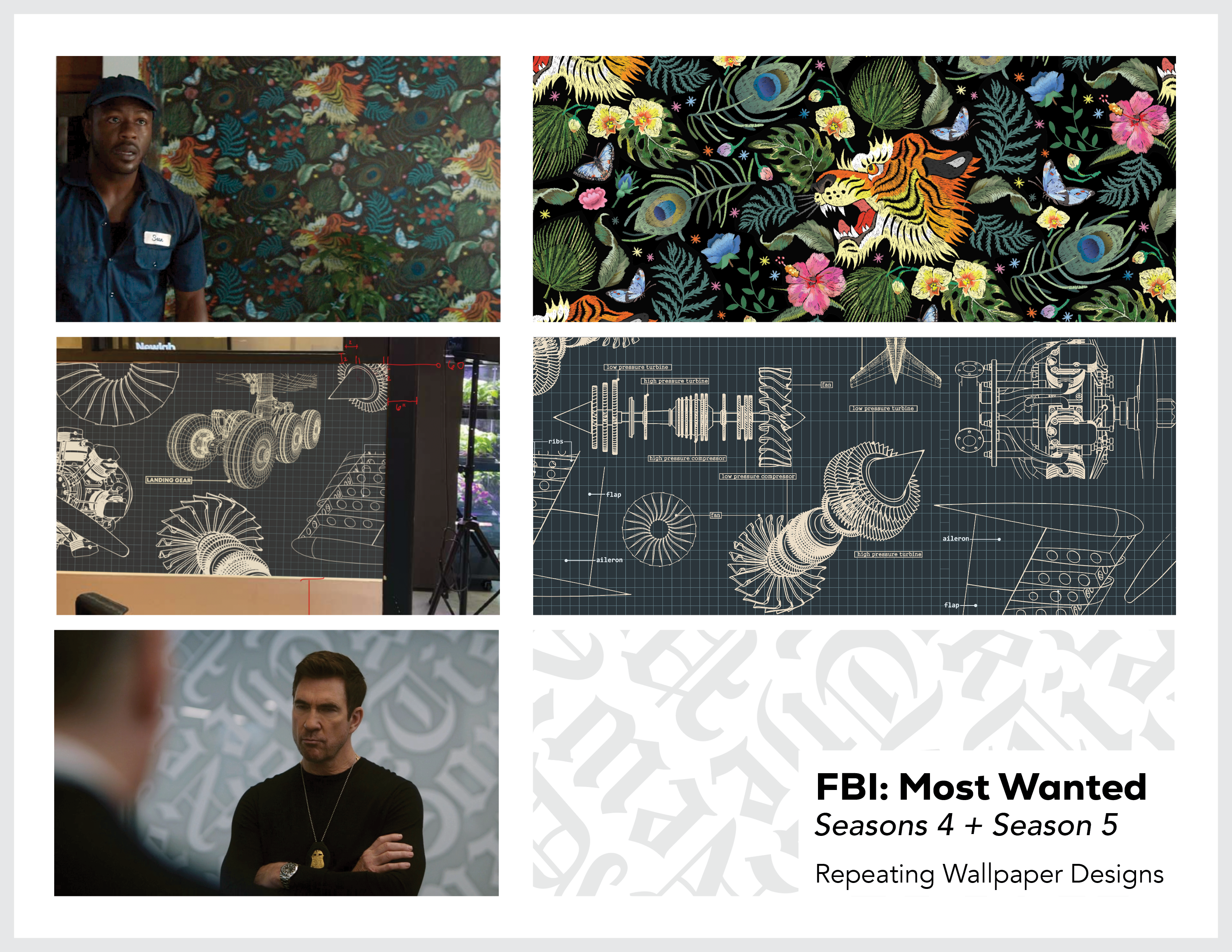 Page from the film and television design portfolio of Paul OConnor from Season 5 of the program FBI:Most Wanted showing various repeating wallpaper designs