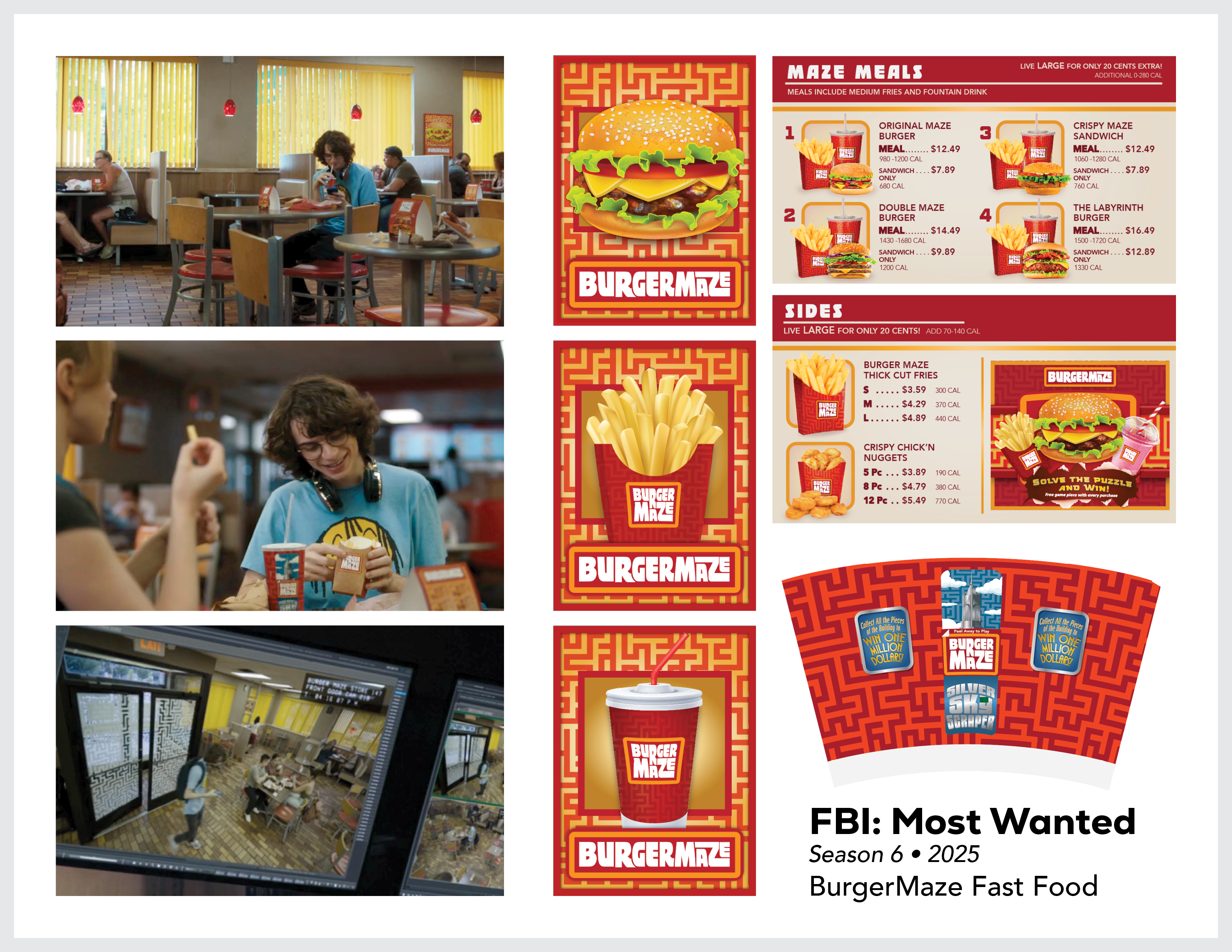 Page from the film and television design portfolio of Paul OConnor from Season 6 of the show FBI:Most Wanted showing logo and set design elements for a fast food restaurant called BurgerMaze