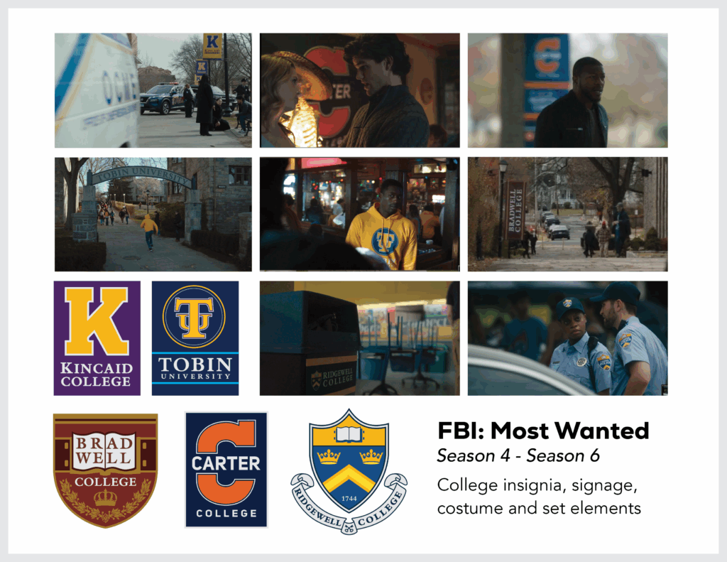 Page from the film and television design portfolio of Paul OConnor from Season 6 of the show FBI:Most Wanted showing logo designs and set dressing for various fictional colleges and universities