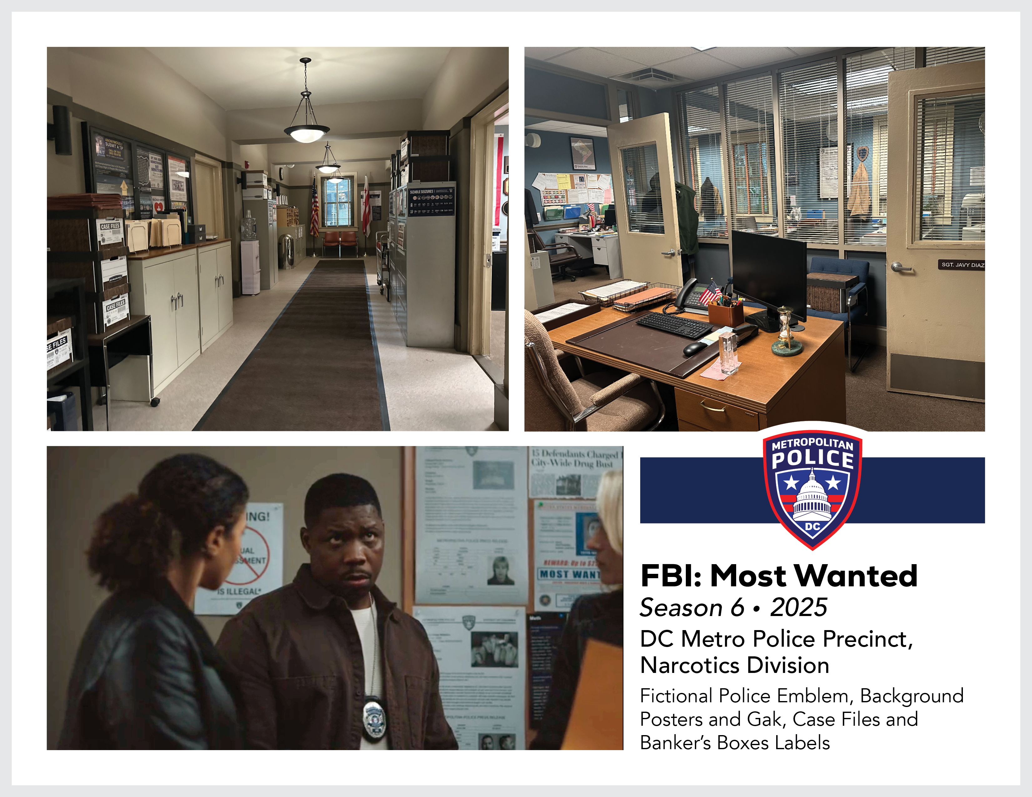 Page from the film and television design portfolio of Paul OConnor from Season 6 of the show FBI:Most Wanted showing logo and set dressing for the DC Metro Narcotics Division