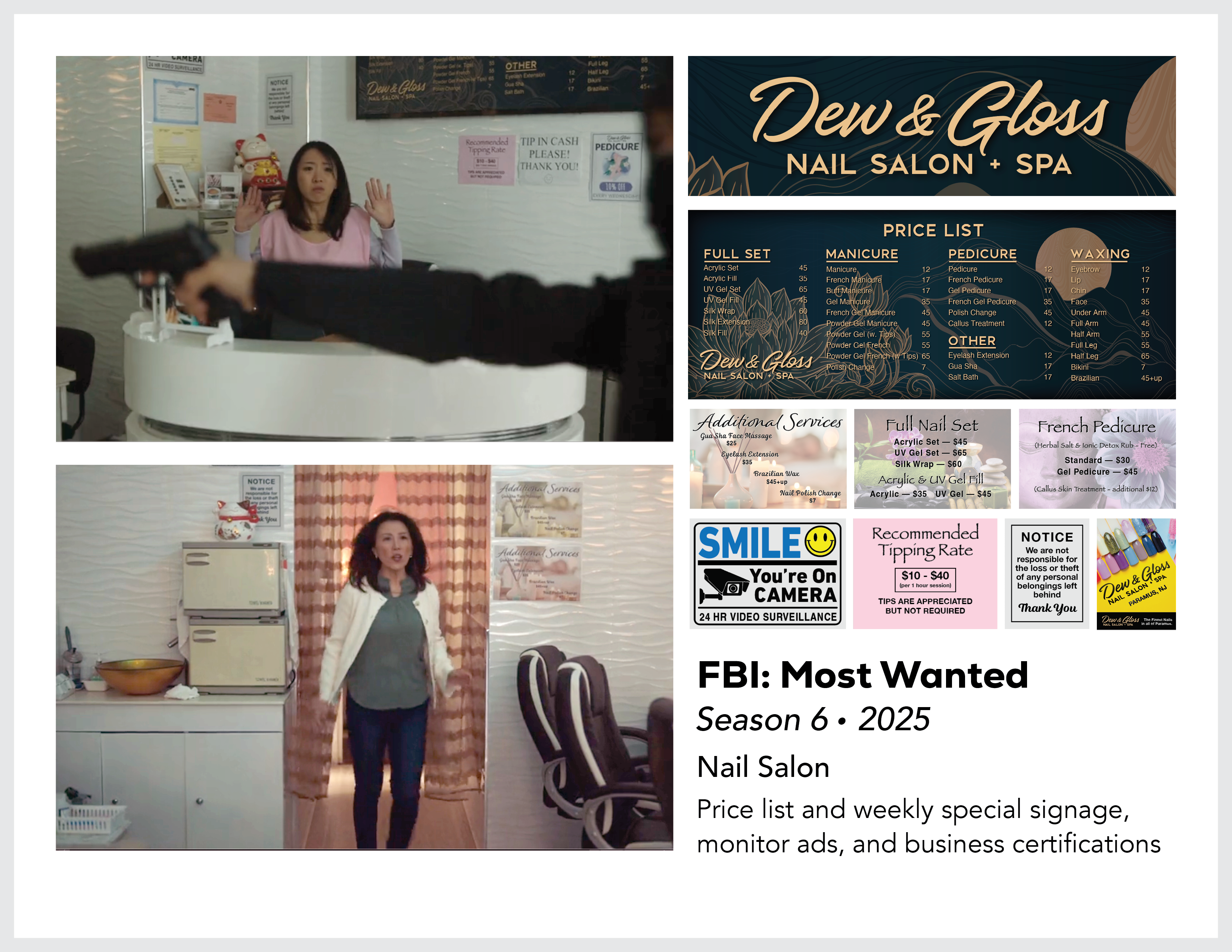 Page from the film and television design portfolio of Paul OConnor from Season 6 of the show FBI:Most Wanted showing logo and set dressing for a nail salon called Dew and Gloss