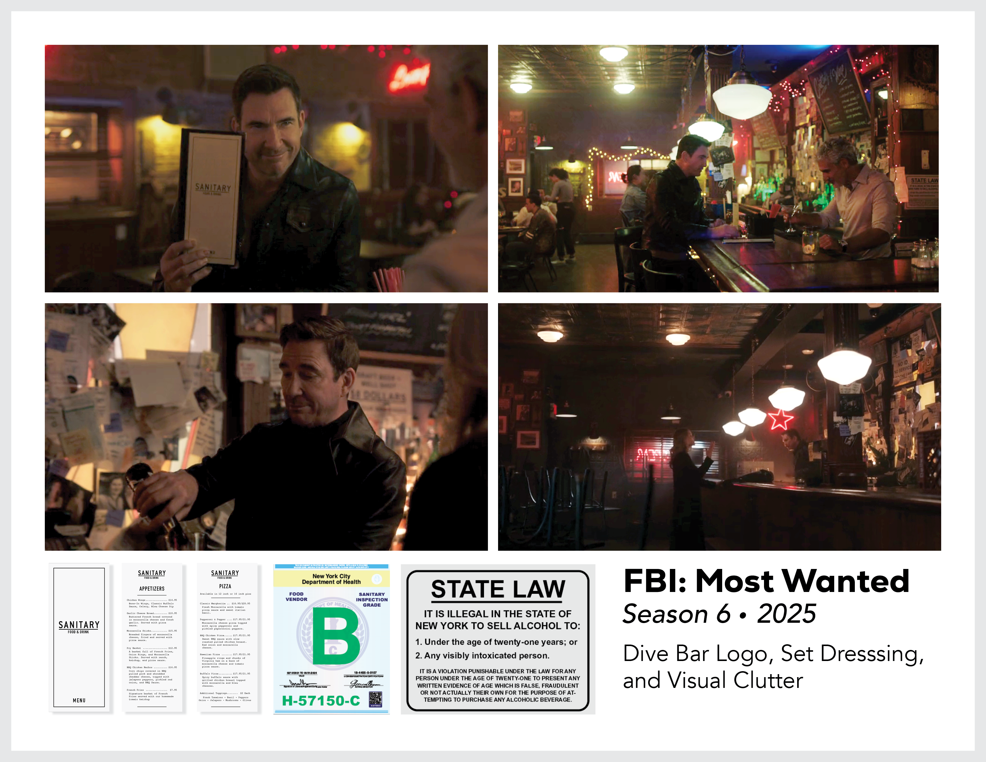 Page from the film and television design portfolio of Paul OConnor from Season 6 of the show FBI:Most Wanted showing logo and set design for a NYC dive bar