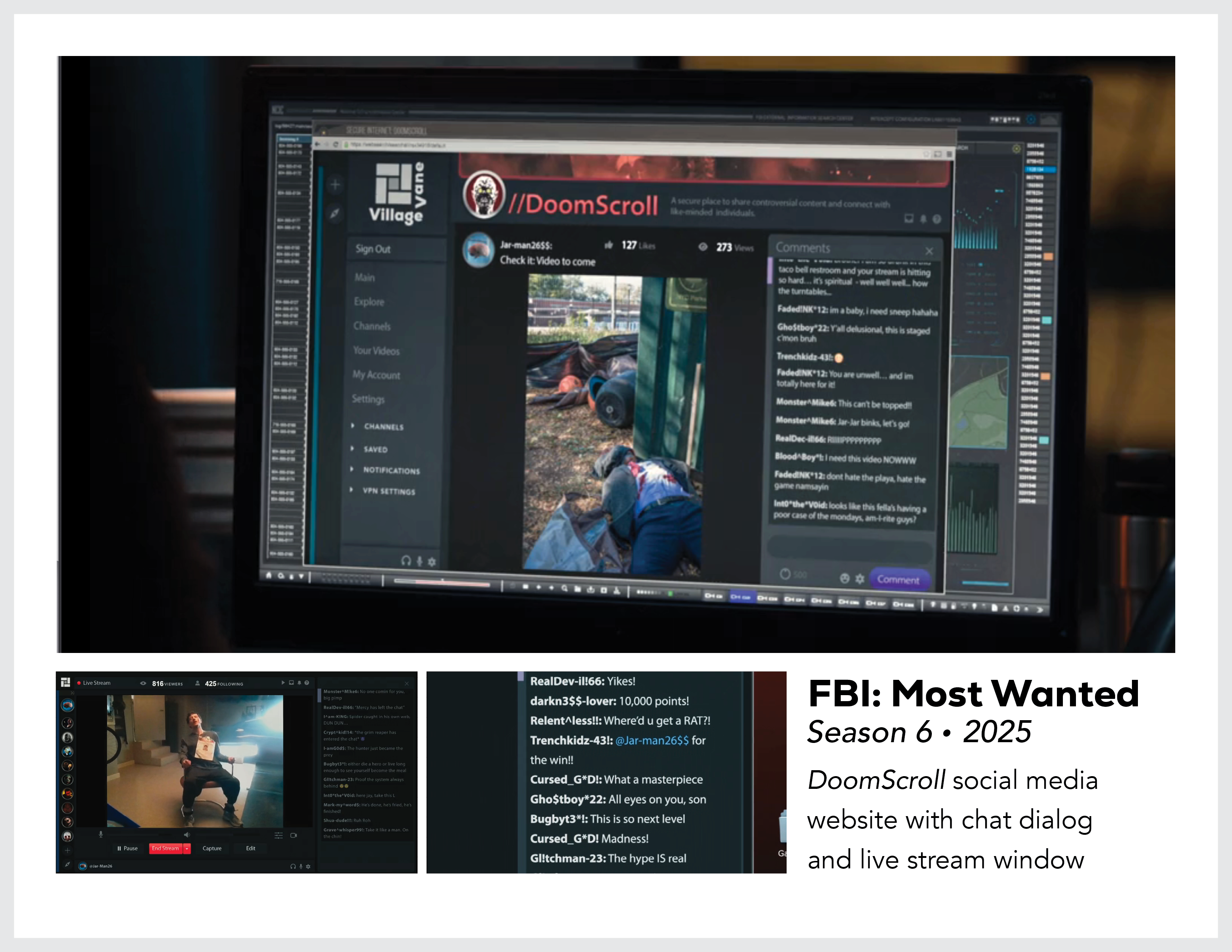 Page from the film and television design portfolio of Paul OConnor from Season 6 of the show FBI:Most Wanted showing a niche horror website called DoomScroll with live text and video elements