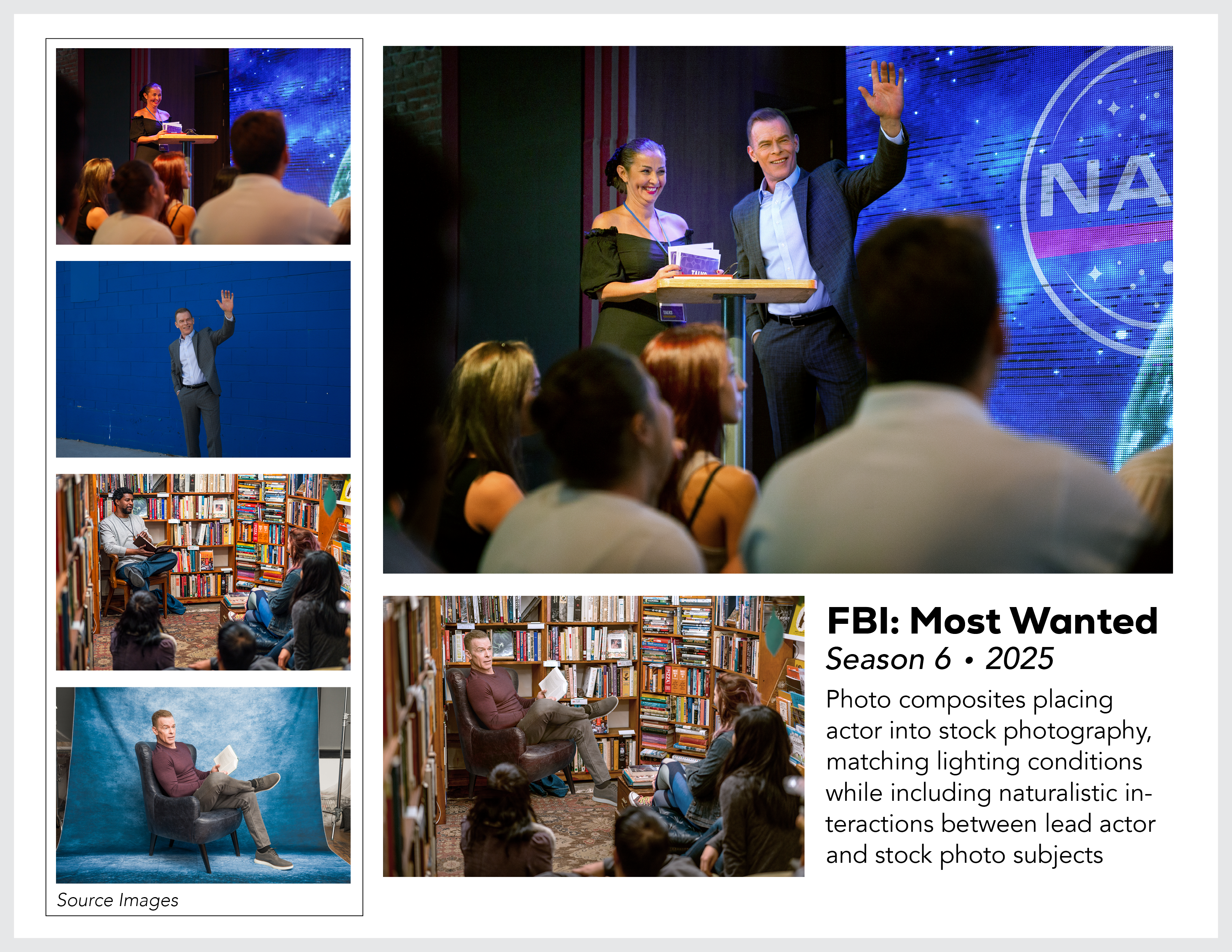 Page from the film and television design portfolio of Paul OConnor from Season 6 of the show FBI:Most Wanted showing photo composites of an actor in stock photography of a conference and book signing