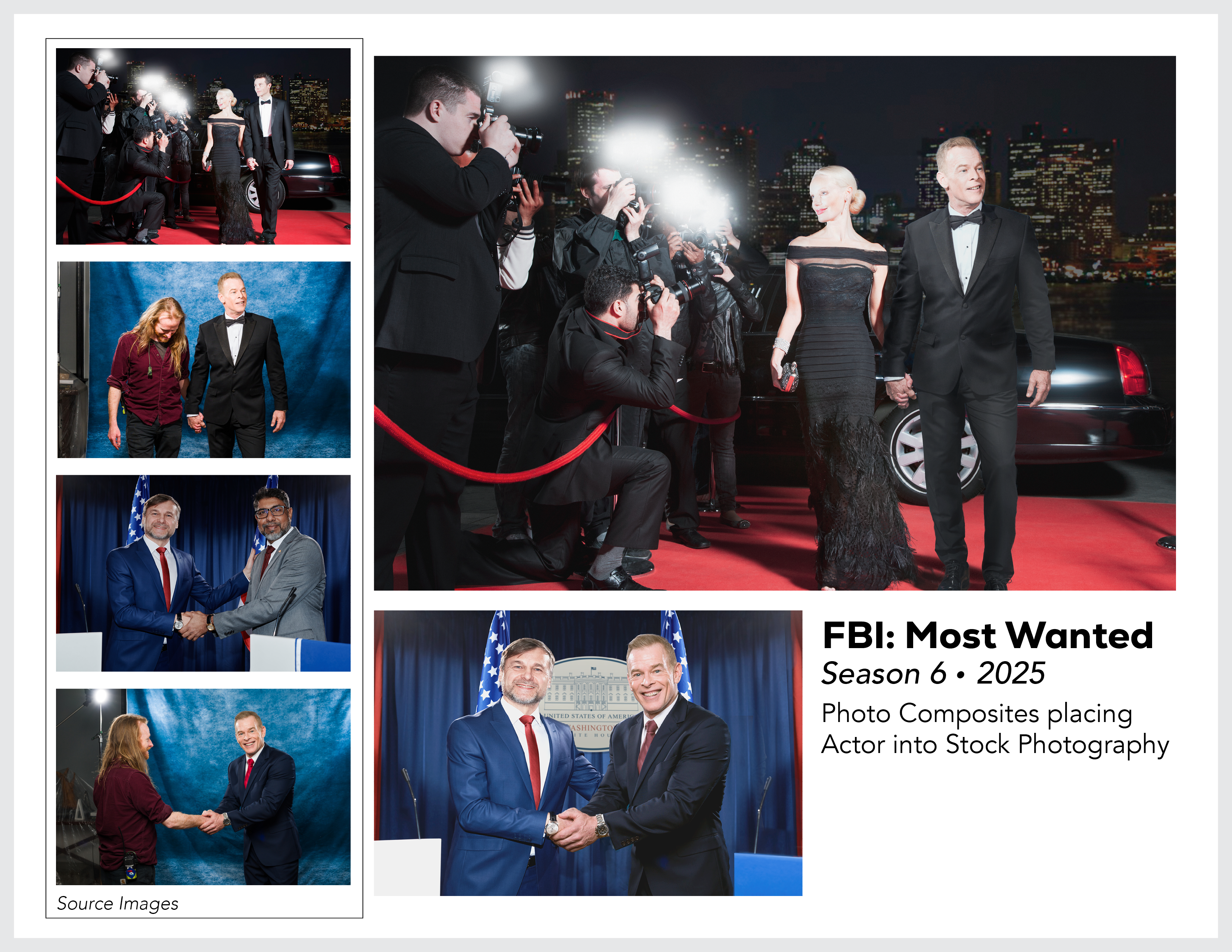 Page from the film and television design portfolio of Paul OConnor from Season 6 of the show FBI:Most Wanted showing photo composites of an actor into stock photography of a red carpet event and photo op with a politician