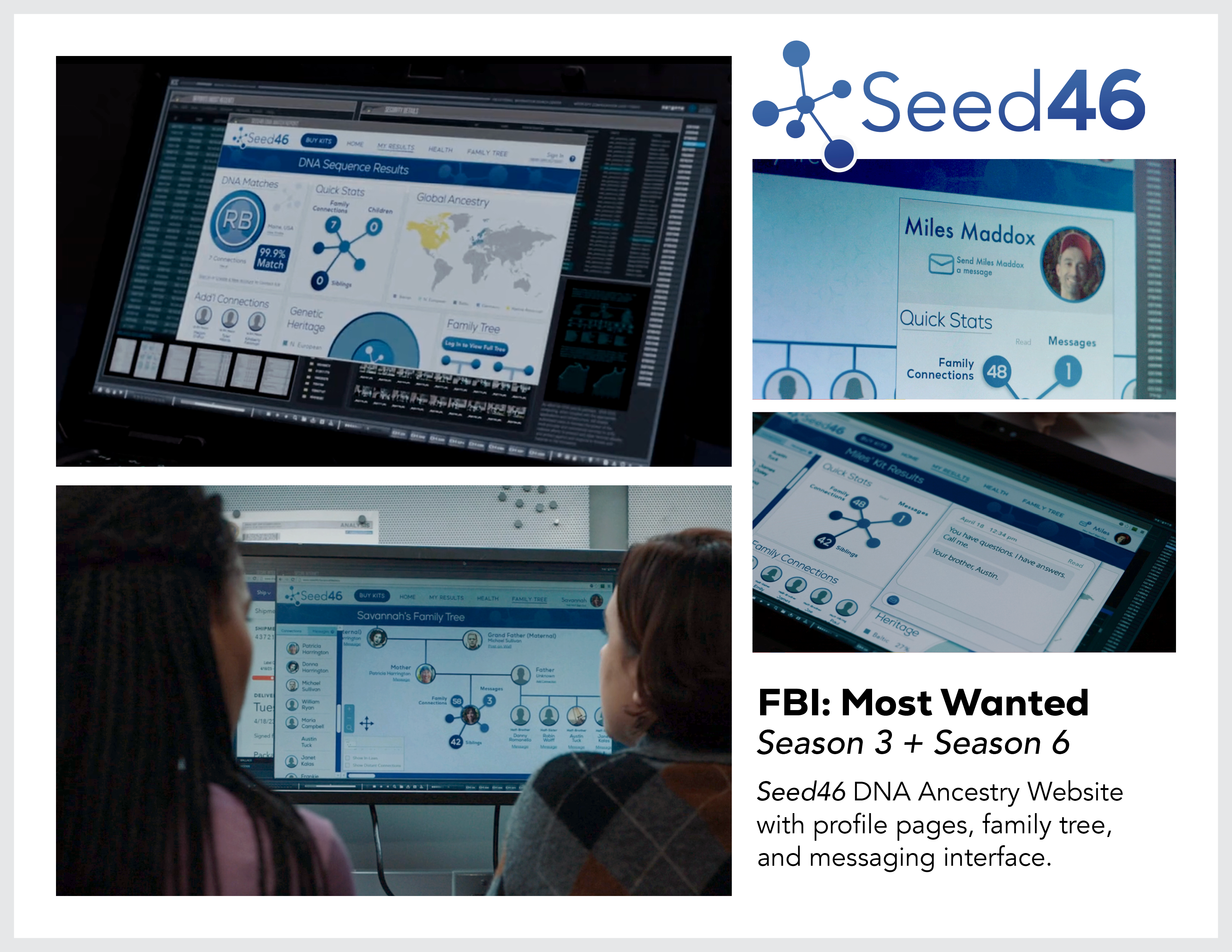 Page from the film and television design portfolio of Paul OConnor from Season 6 of the show FBI:Most Wanted showing a genetic testing and family tree website