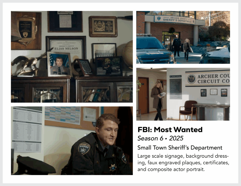 Page from the film and television design portfolio of Paul OConnor from Season 6 of the show FBI:Most Wanted showing signage and set dressing elements of a small town sheriff's department