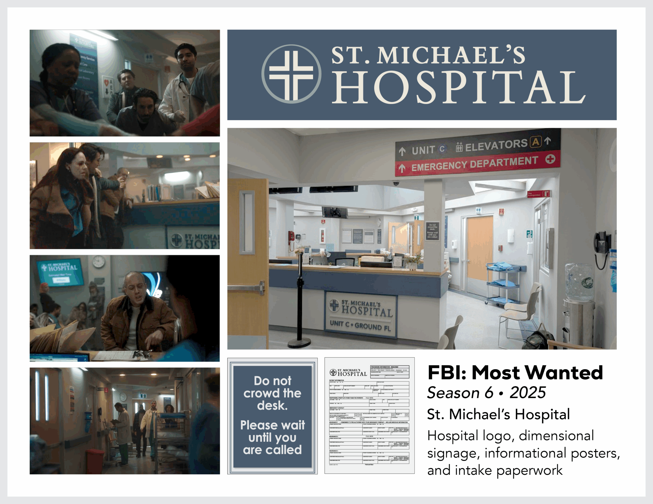 Page from the film and television design portfolio of Paul OConnor from Season 6 of the show FBI:Most Wanted showing logo, signage, and set elements for St. Michael's Hospital