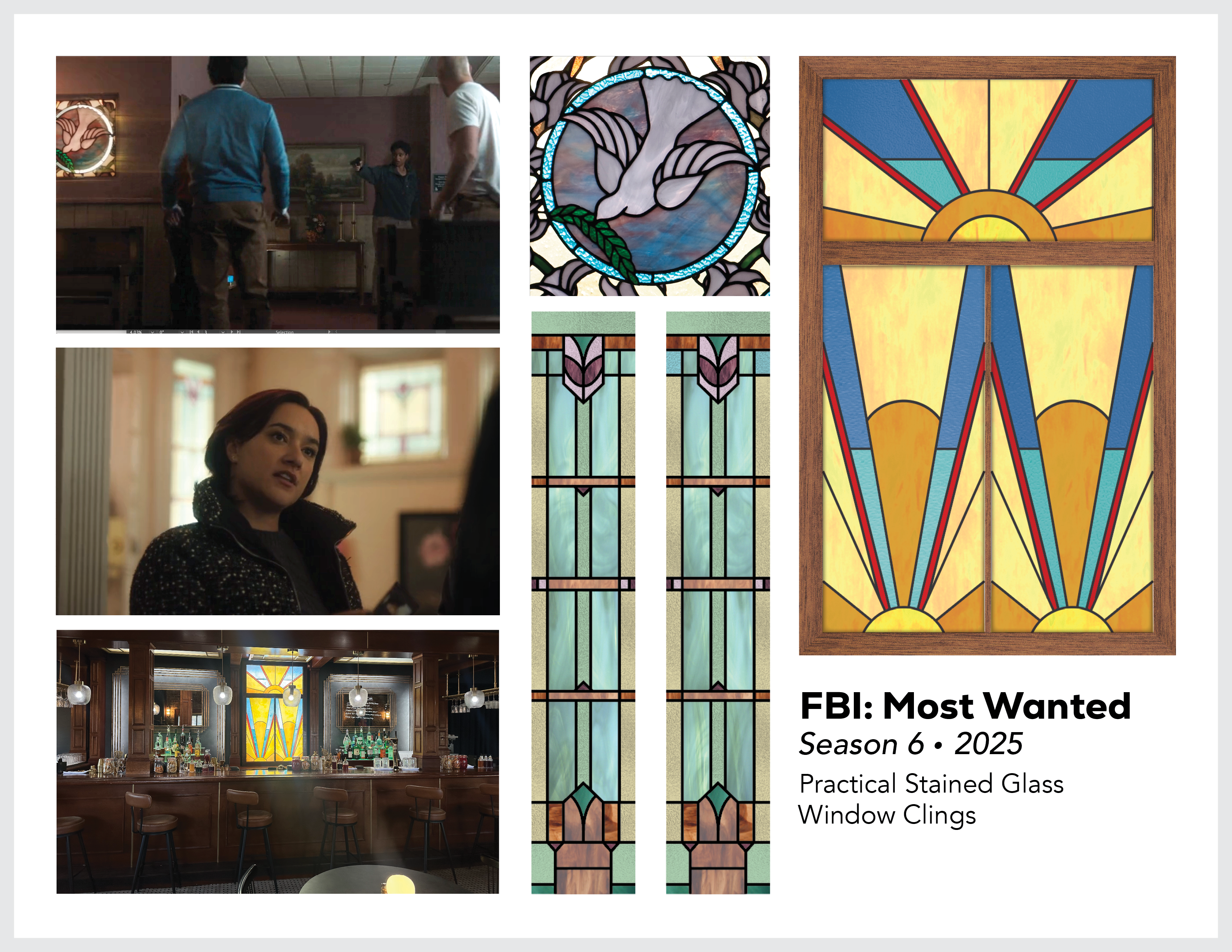 Page from the film and television design portfolio of Paul OConnor from Season 6 of the show FBI:Most Wanted showing designs for practically lit stained glass window clings