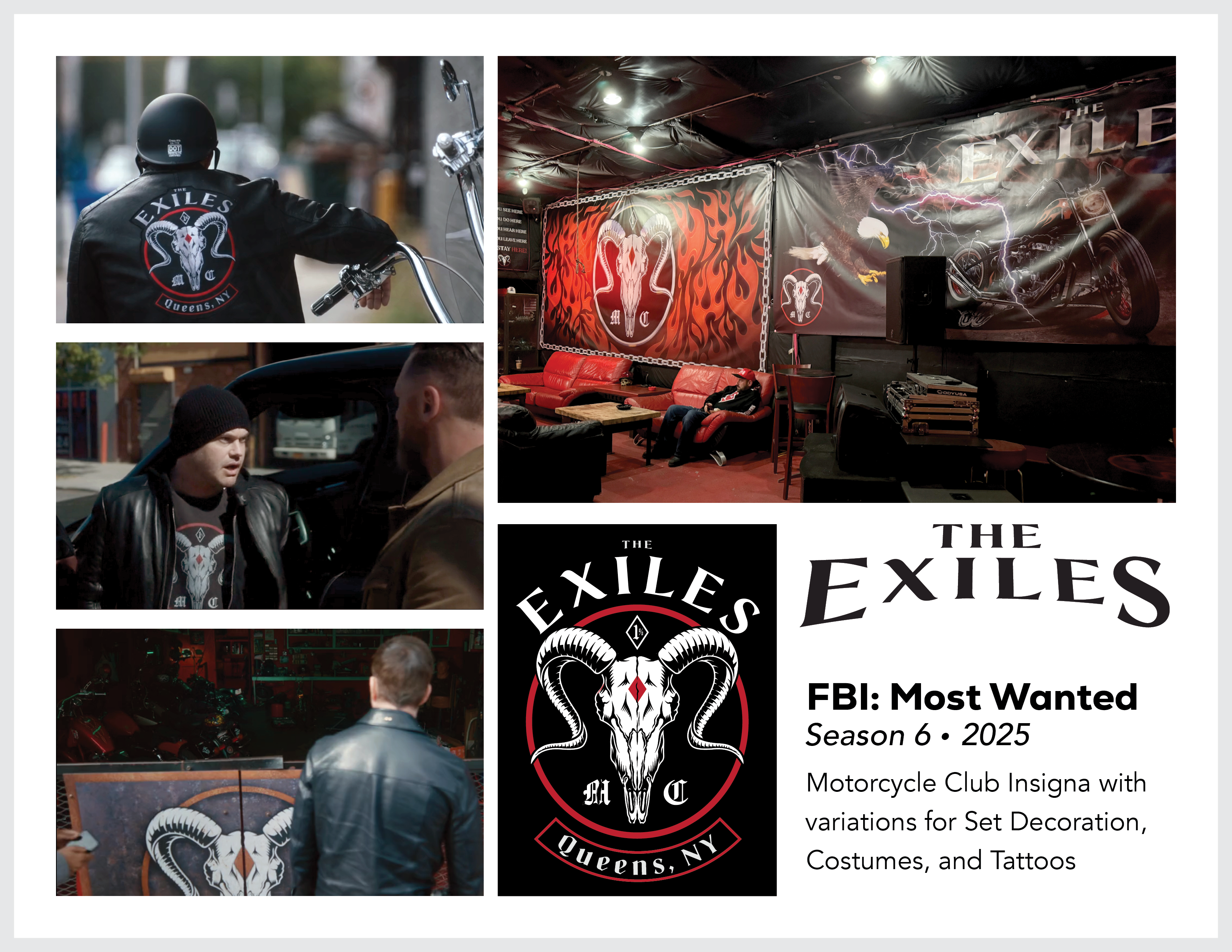 Page from the film and television design portfolio of Paul OConnor from Season 6 of the show FBI:Most Wanted showing logo and set design for a motorcycle gang called The Exiles