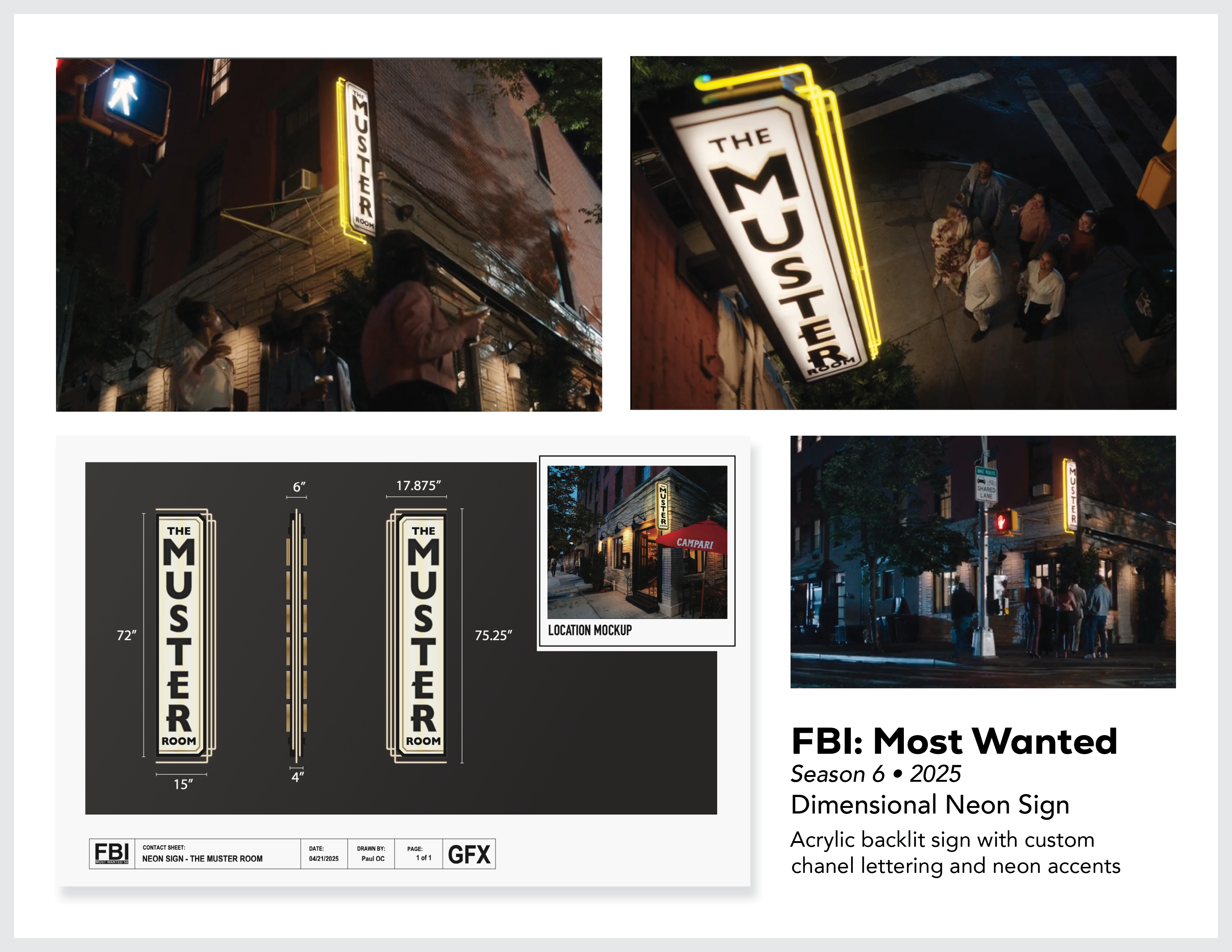 Page from the film and television design portfolio of Paul OConnor from Season 6 of the show FBI:Most Wanted showing logo and fabrication specifications for a dimensional neon restaurant sign for The Muster Room