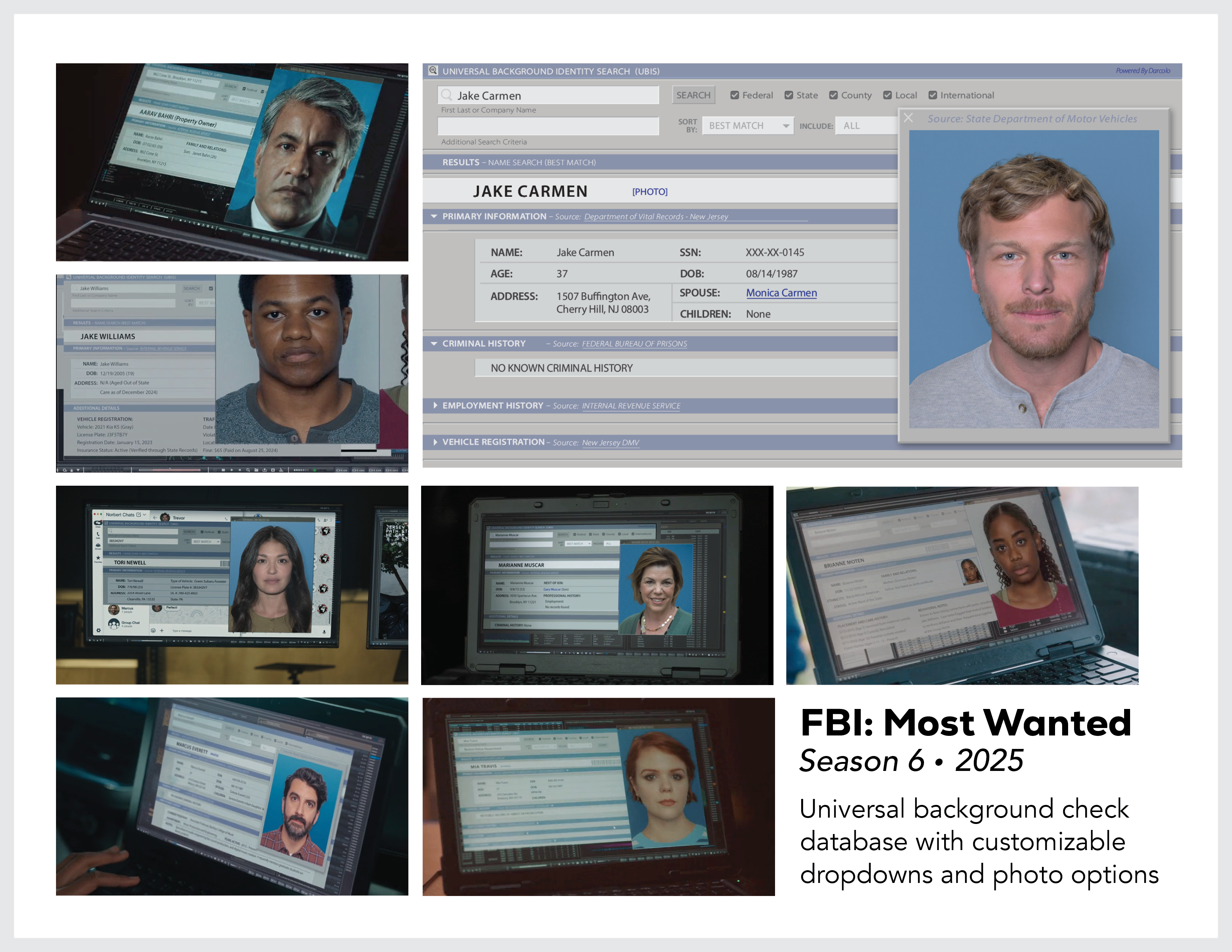 Page from the film and television design portfolio of Paul OConnor from Season 6 of the show FBI:Most Wanted showing designs for a federal universal background check database